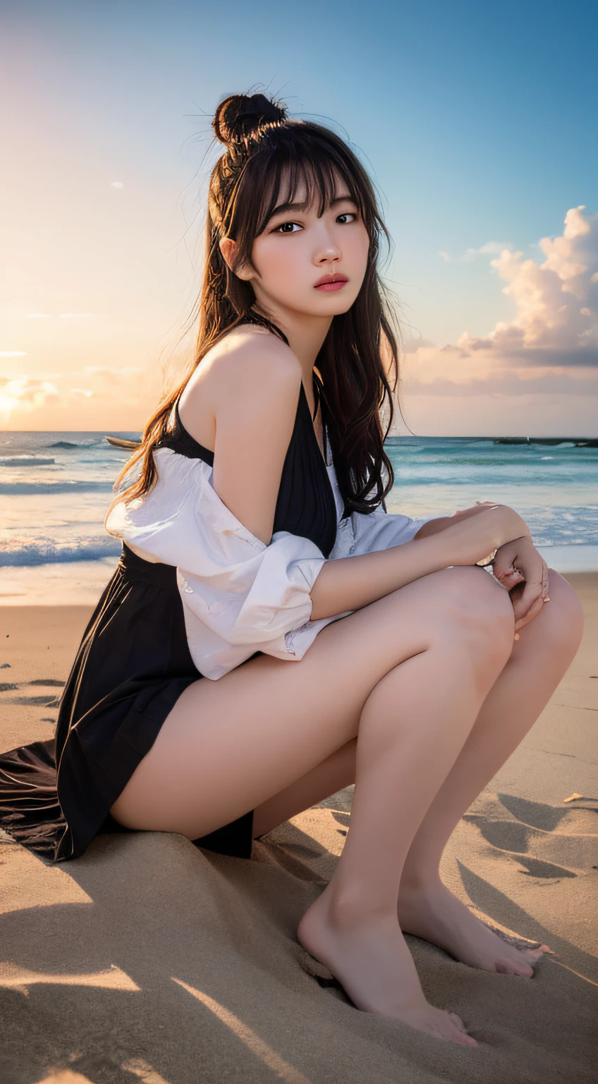 best quality, masterpiece, masterpiece,best quality,official art,extremely detailed CG unity 8k wallpaper, day, on the beach, realistic, photo, girl, long hair, black hair, curly_hair, hair bun, light blush, black kneehighs,