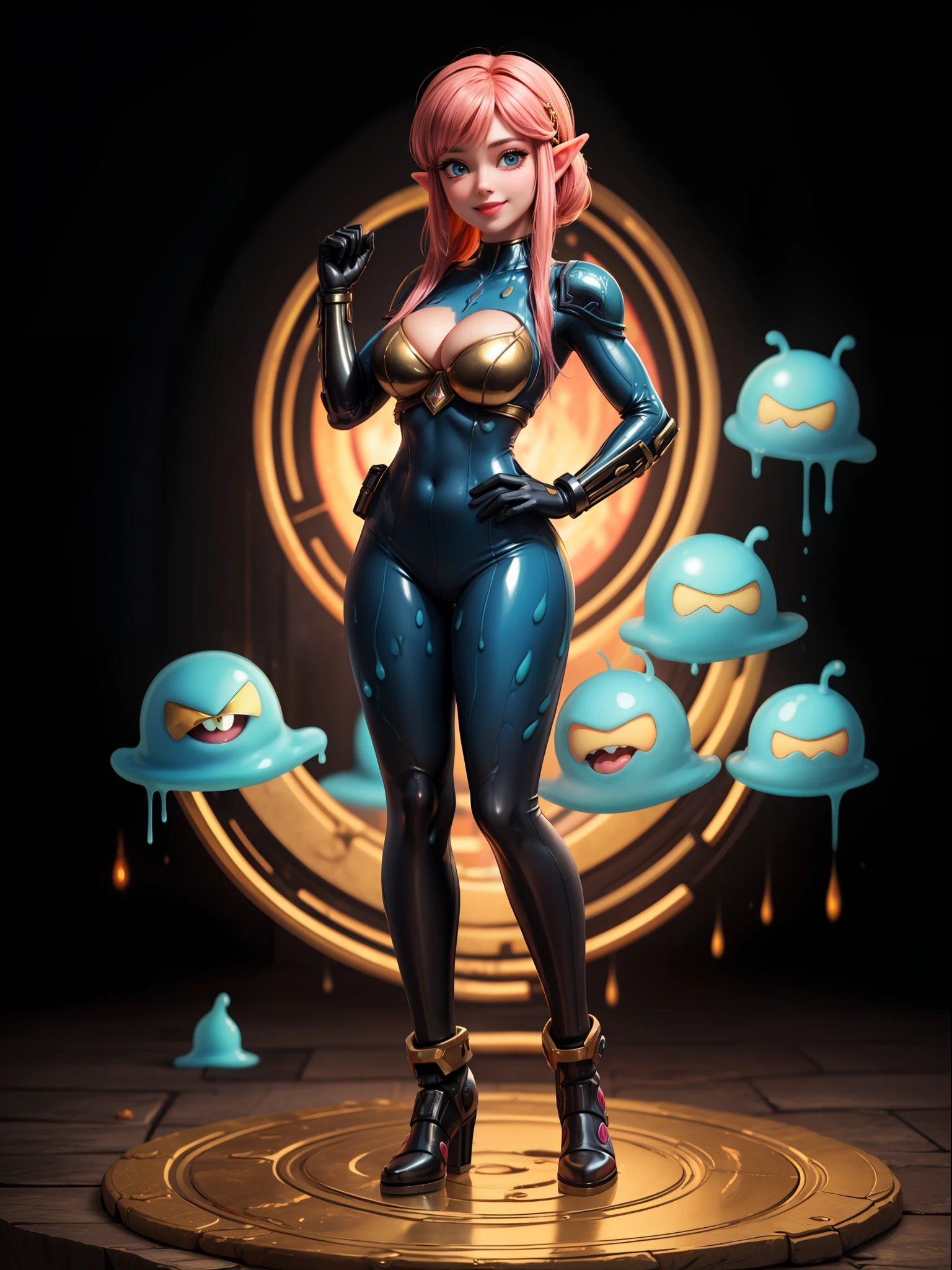 ((Full body, standing):1.5), Only Princess Zelda:wearing Samus Aran's black armor with gold parts, feathers she has extremely large breasts, very short pink hair, blue eyes, is doing erotic pose, is smiling and looking at the viewer, inside an alien dungeon, full of ((mutant slimes):1.2)., Super Metroid Style, anime, anime, Hyperrealism, Hyperrealism, 16k, ((high quality, high details):1.4), UHD, masterpiece