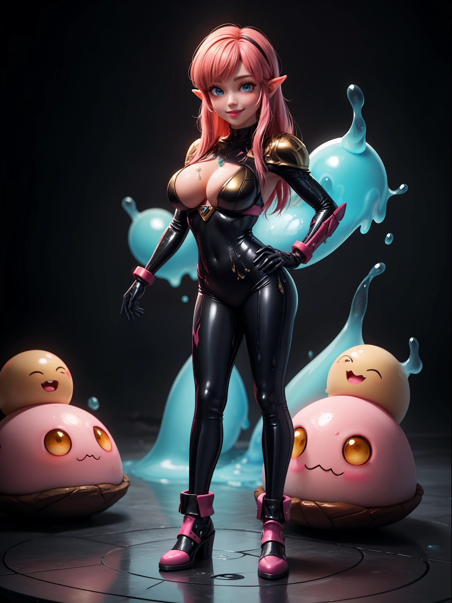 ((Full body, standing):1.5), Only Princess Zelda:wearing Samus Aran's black armor with gold parts, feathers she has extremely large breasts, very short pink hair, blue eyes, is doing erotic pose, is smiling and looking at the viewer, inside an alien dungeon, full of ((mutant slimes):1.2)., Super Metroid Style, anime, anime, Hyperrealism, Hyperrealism, 16k, ((high quality, high details):1.4), UHD, masterpiece