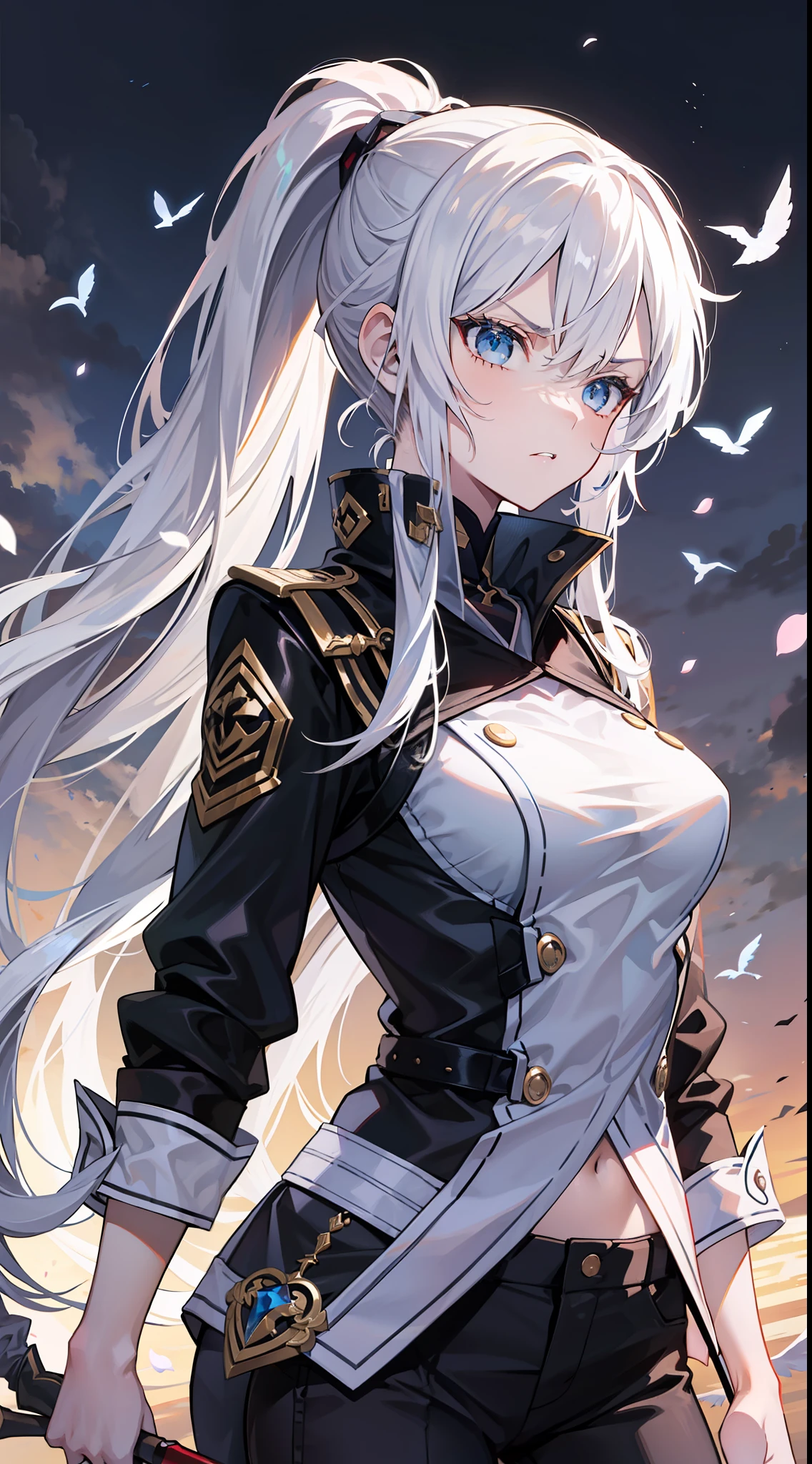 Adult girl, long white hair, high ponytail, blue eyes, angry, dove general's clothes, black trousers, spear, masterpiece, high quality