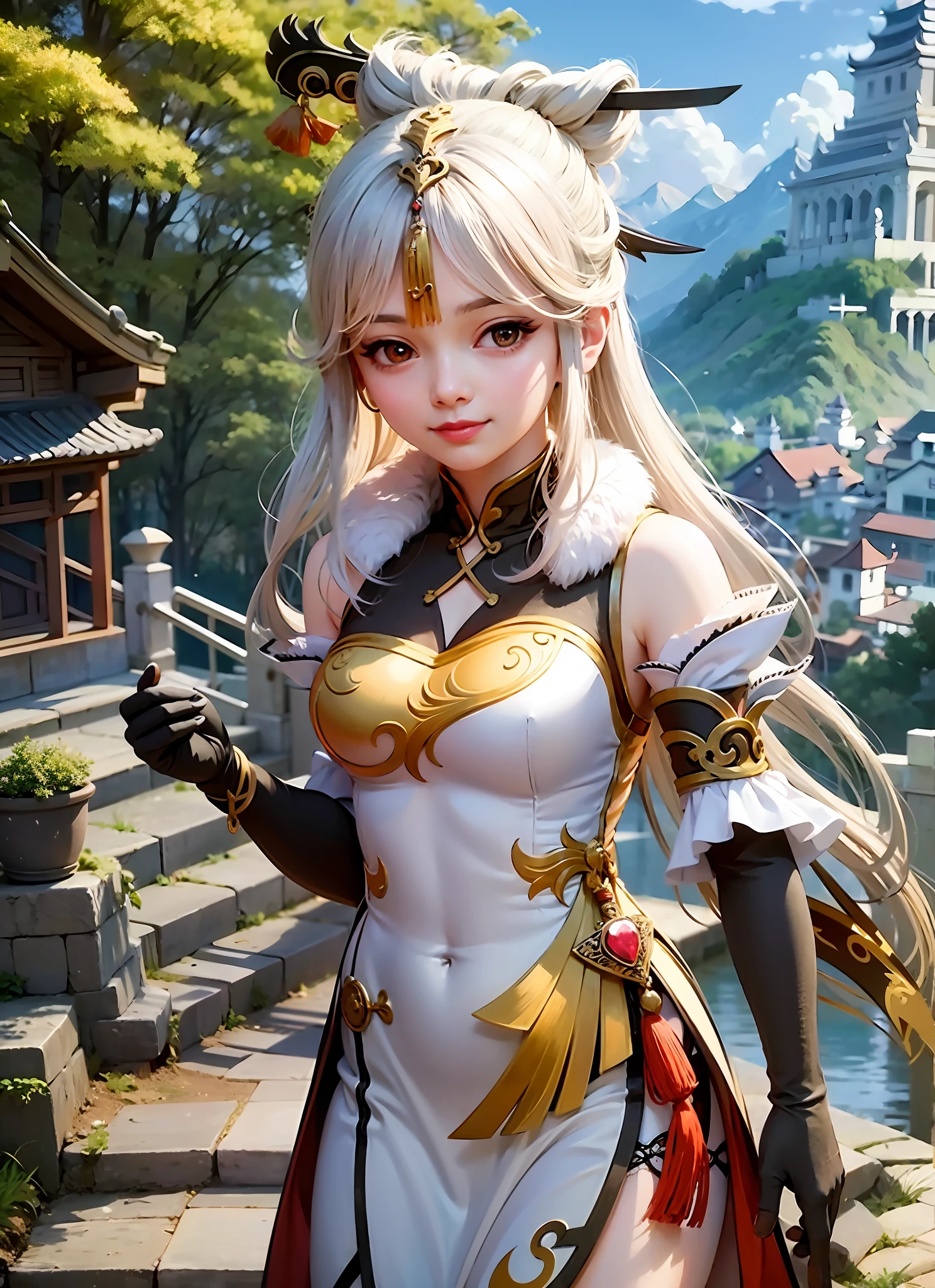 ningguangdef, upper body, smile, blush, outdoors, day, simple background, blue sky, short hair, sky, temple, looking at viewer, stairs, mountain, moody lighting, facing viewer, masterpiece, best quality, beautiful girl, korean face, mommy, Stinging