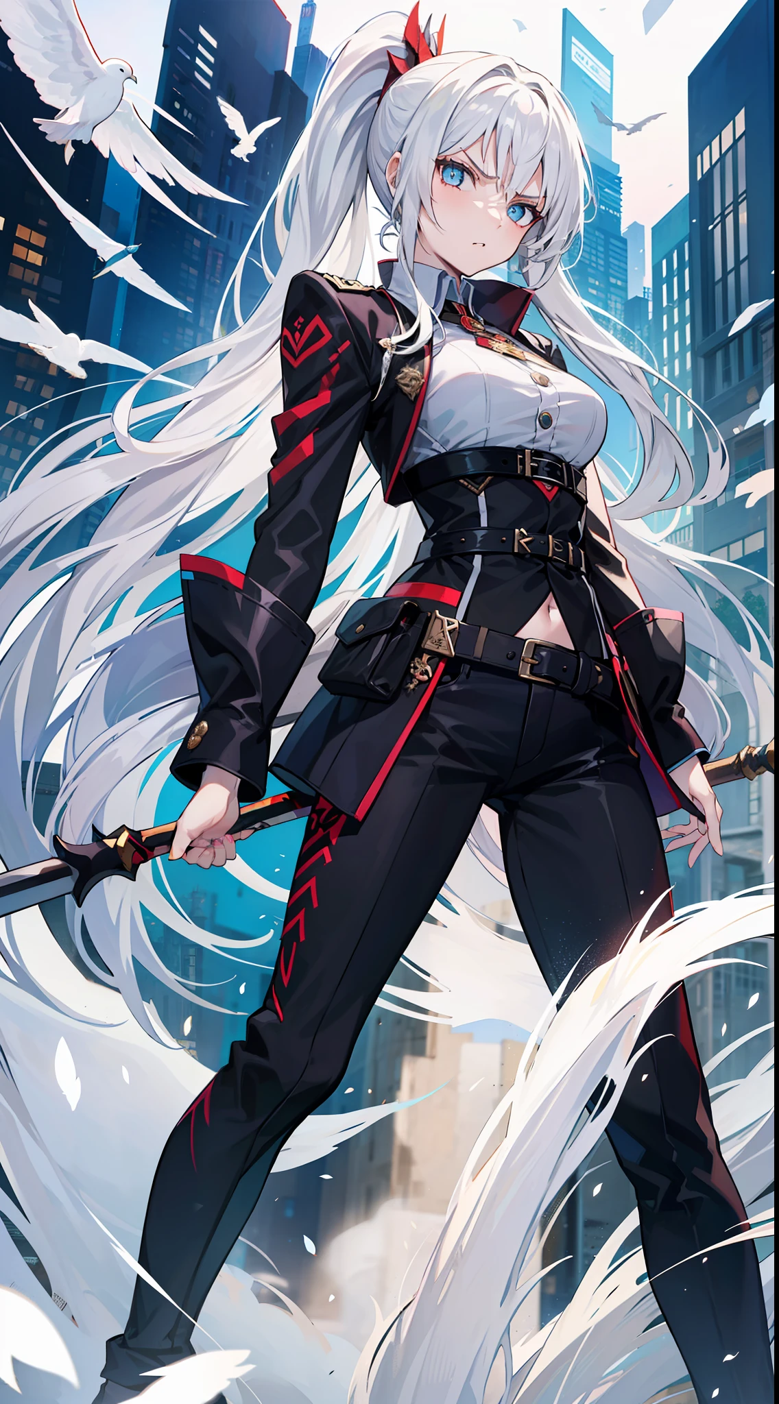 Adult girl, long white hair, high ponytail, blue eyes, angry, dove general's clothes, black trousers, spear, masterpiece, high quality