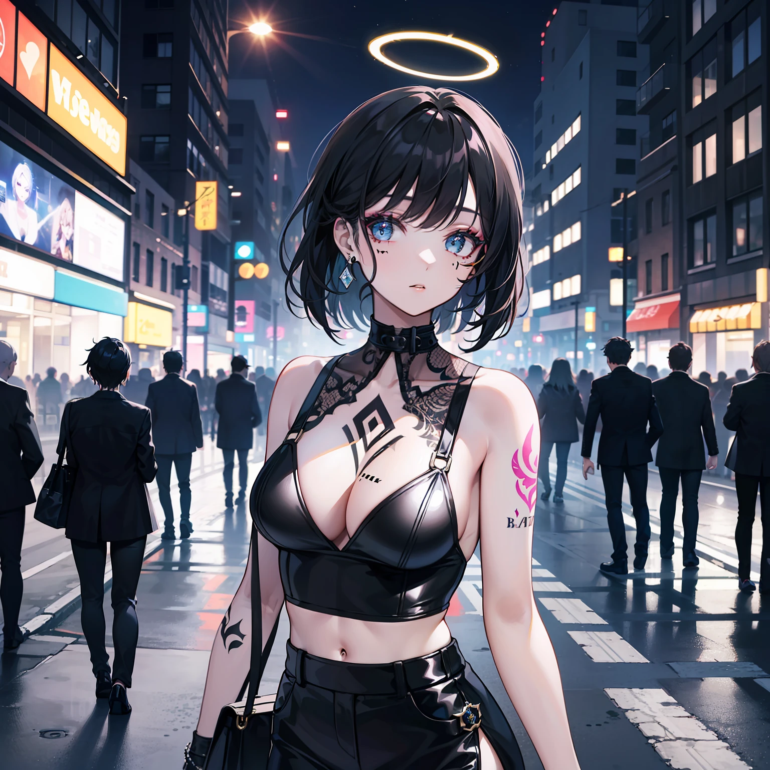 Creative inspiration: (1 woman), (black tattoo: 1.2), (smoky makeup), (night city), (bustling street), (road perspective), halo effect.