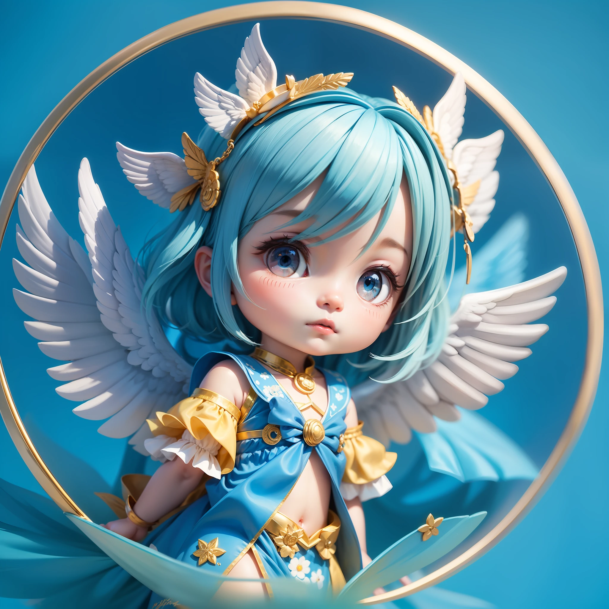 Chibi character. Flying angel. Two wings grow. Pitiable. Blue. High definition. Masterpiece.