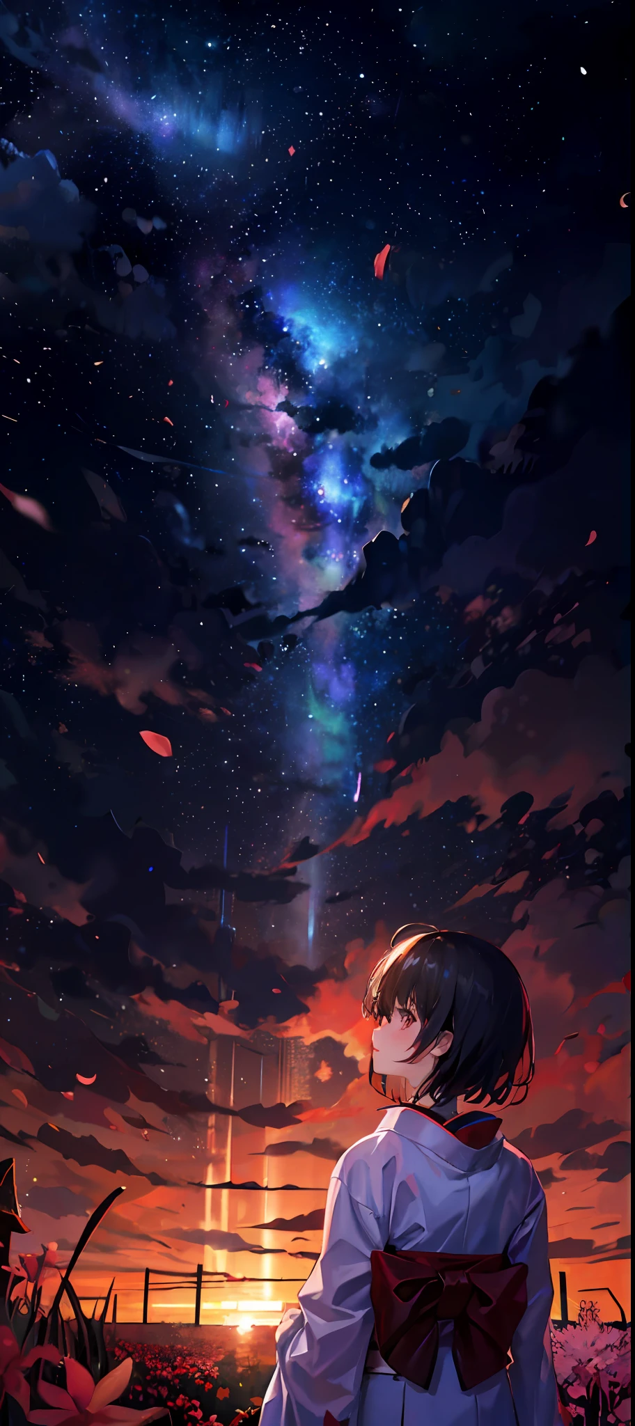 1girl, a distant girl kiss girl in a kimono gazing at the stars, (zoomed: 1.1), (meteor shower: 1.2), (comet: 1.1), your name, low angle, from behind, Northern Lights, meteors, yukata, red kimono, cherry blossoms, standing in the field, best quality, masterpiece, clouds, colorful, starry, stars,