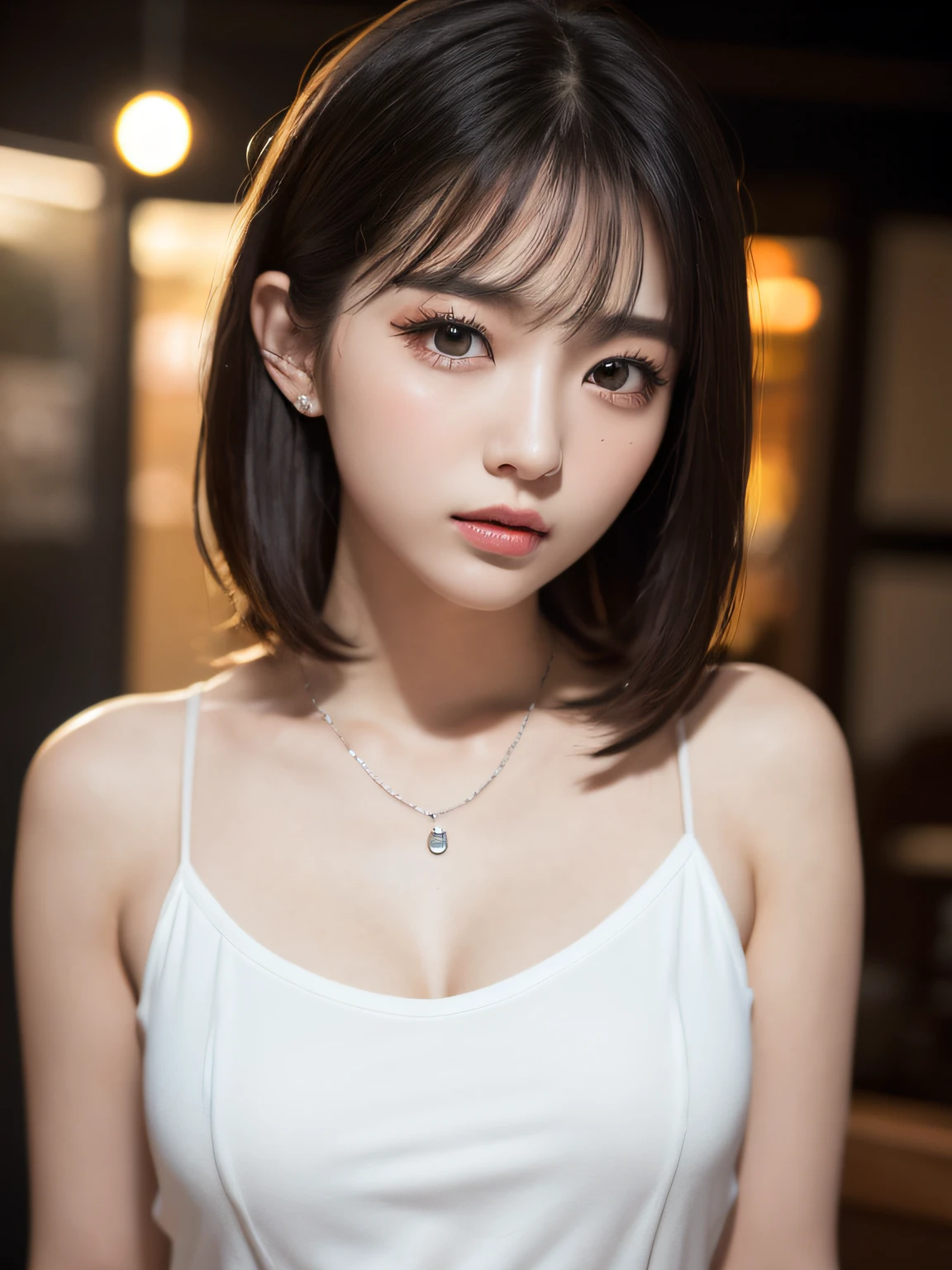1girl, very beautiful 19 year old girl, Japan with black hair, natural light, top quality, masterpiece, illustration, very delicate and beautiful, very detailed, CG, unity, 8k wallpaper, amazing, attention to detail, masterpiece, top quality, official art, highly detailed CG Unity 8k wallpaper, ridiculous, incredibly ridiculous, huge file size, super detailed, high resolution, very detailed, Beautiful detailed girl, very detailed eyes and face, beautiful detailed eyes, (RAW photos, top quality), (realistic, photorealistic: 1.3), lights on the face, full body, full body shot, concert hall, pianist, black long dress, stage costume, silver necklace, slim, thin waist, sweat, (sexy pose: 1.1), intelligent, high IQ, (triangular face)), young face, short hair, (big governor's eyes), ((puffy eyes)), (charming monkey), bangs, viewer look, droopy eyes, makeup, eyeliner, long eyelashes, luxury