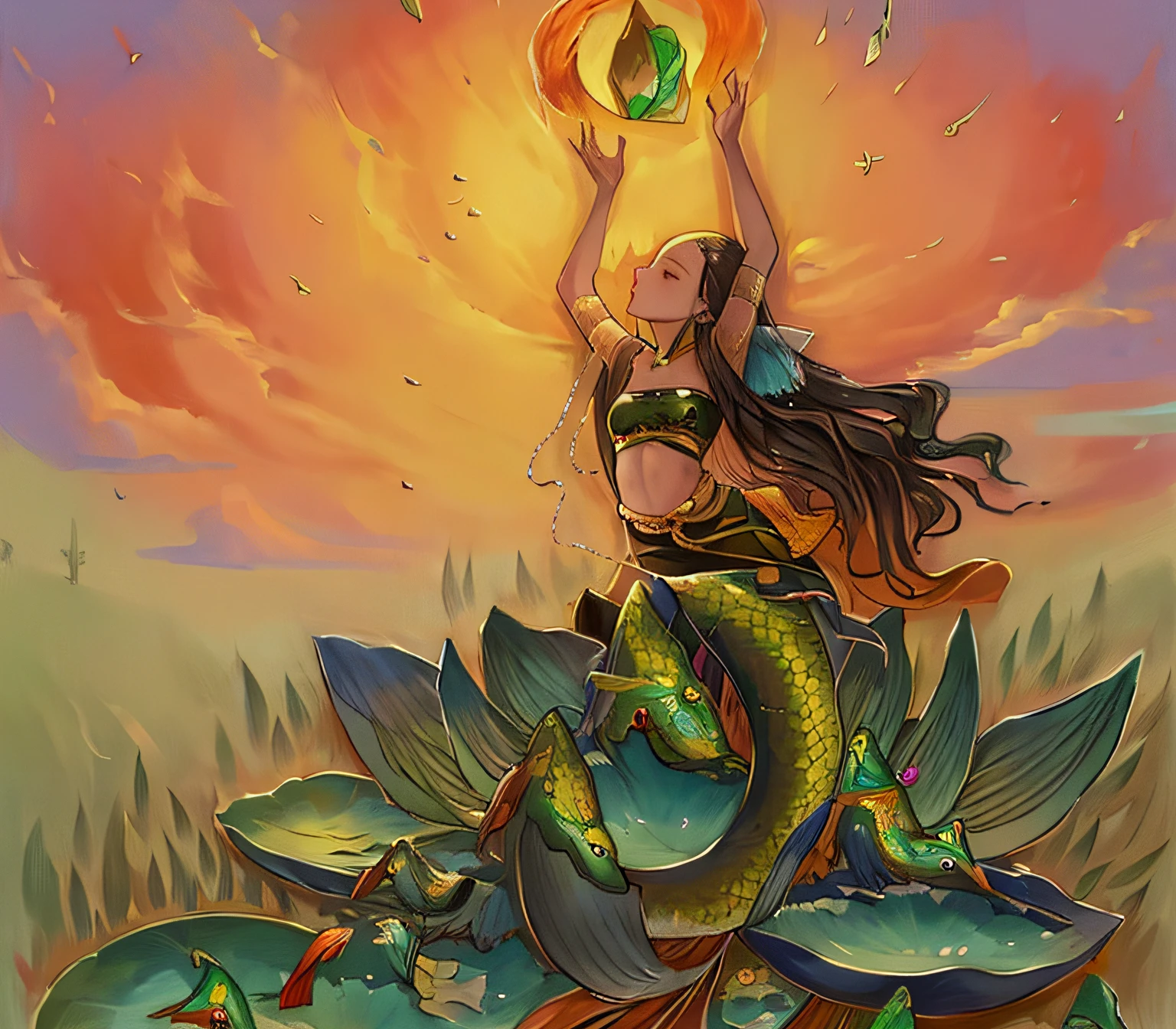 Nuwa Creation of Man Replenishing Heaven Ancient China Trees, Flowers and Plants, Birds and Beasts, Fish and Insects, Nuwa Replenishing the Sky, Upper Body Girl, Lower Body Snake Tail, Holding Multicolored Stones Plate on Red Lotus Flowers