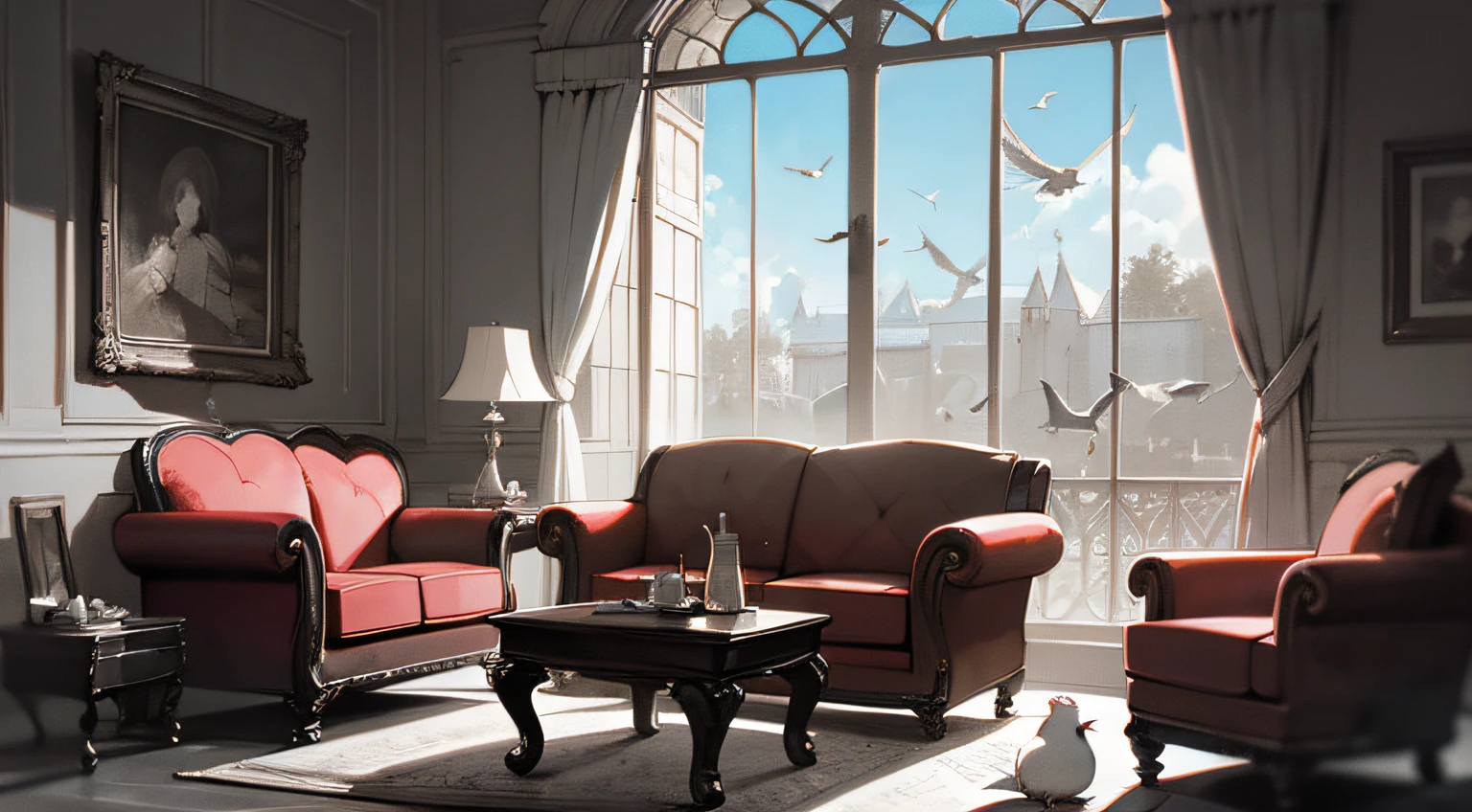 Anime style, digital art, ultra HD, ultra detail painting), (high contrast) room with chickens, doves flying, bird painting, lots of bird cages, sofa ((Add layer)), dynamic angle, beautiful good weather,16k, --auto --s2