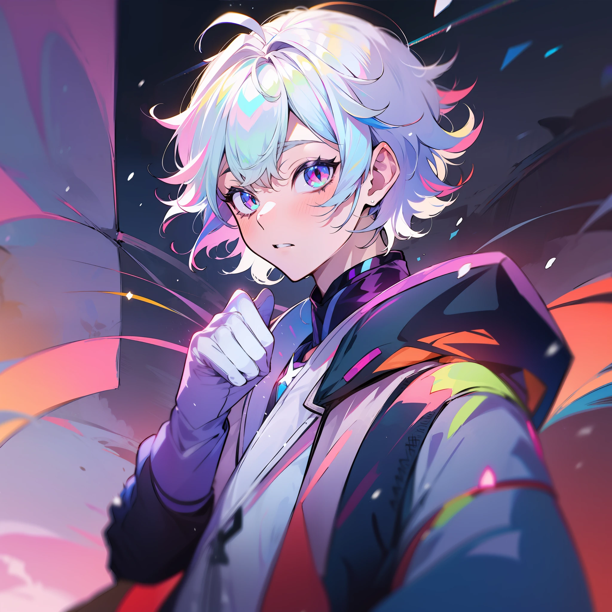 0.7>,anime boy,snow,(Male),jacket,diamond,multicolored hair, multicolored eyes