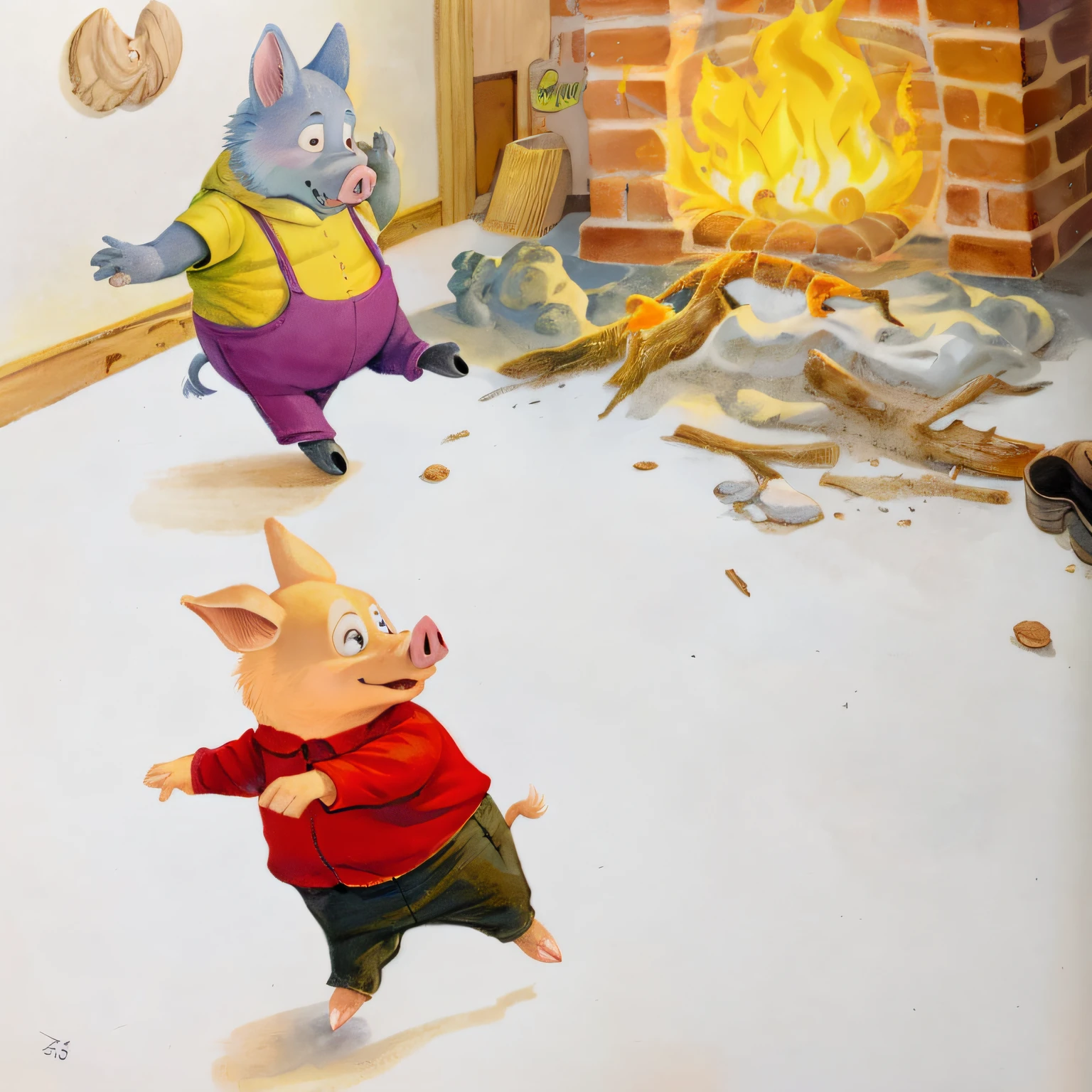 Two pigs, two pigs playing with fire in the room, a wolf's tail burning, children's book illustration, children's book illustration, richard skarry, storybook illustration, children's book illustration, storybook illustration, inspired by Peter de Seif, children's book illustration, children's book illustration, children's book illustration, children's book illustration