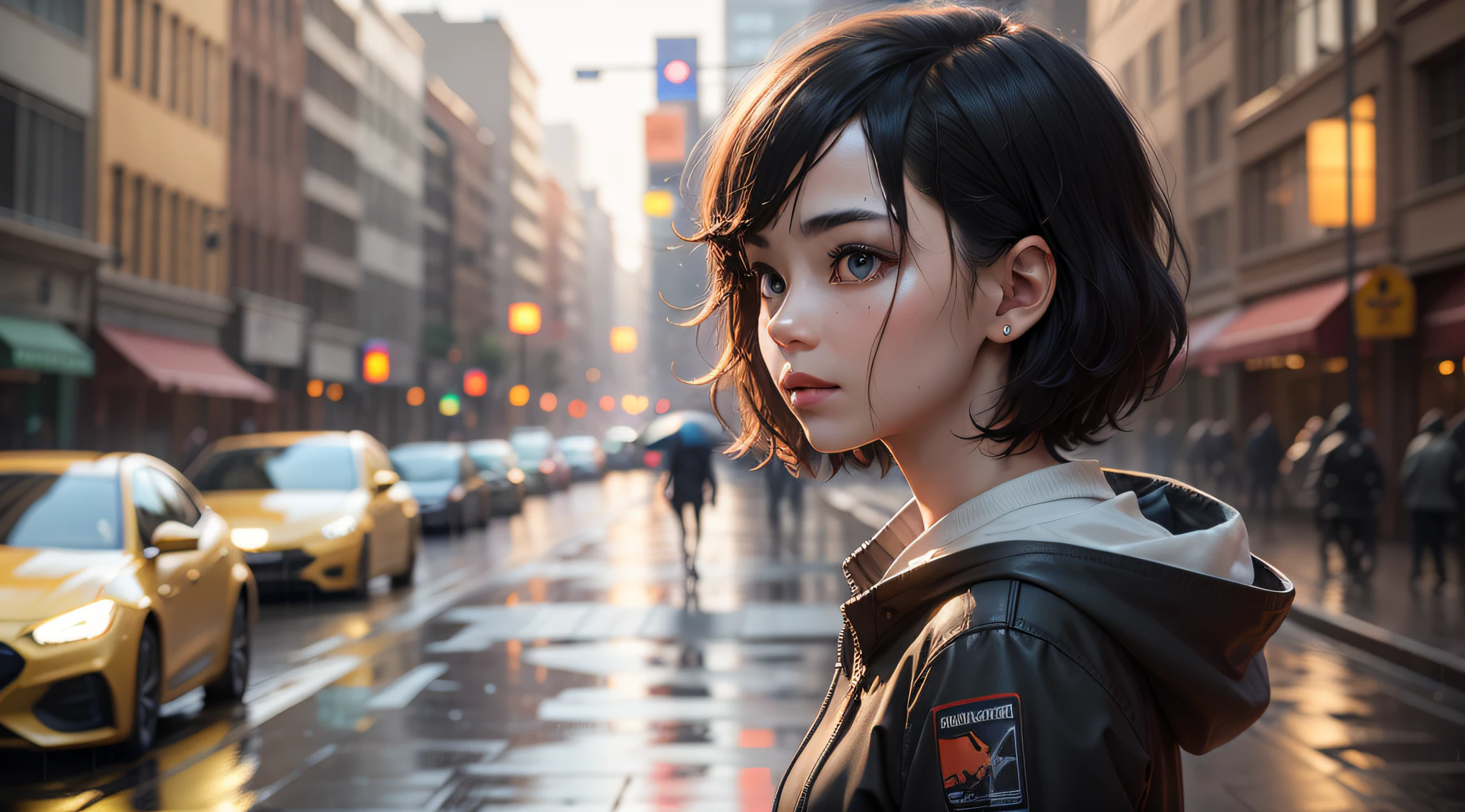 a girl looking at the sky standing on the sidewalk in the rain, (wet: 1.4), (colored lights: 1.4), (sidewalk: 1.4), (city night lights: 1.4), (rain: 1.4), (starring in the sky: 1.4), (side view: 1.4), (thick body: 1.4), (short black hair: 1.4), green eyes, HDR (high dynamic range), Ray Tracing, NVIDIA RTX, super-resolution, Unreal 5, subsurface scattering, PBR Texturing, Post-processing, Anisotropic Filtering, Depth of Field, Maximum Clarity and Sharpness, Multilayer Textures, Albedo and Specular Maps, Surface Shading, Accurate Simulation of Light-Material Interaction, Octane Rendering, Two-Tone Lighting, Low ISO, White Balance, Rule of Thirds, Wide Aperture, 8K RAW, Efficient Sub-Pixel, Sub-Pixel Convolution, (Luminescent Particles:1.4), {{Masterpiece, Best Quality, Extremely Detailed CG, Unity 8k Wallpaper, 3D, Cinematic Lighting, Lens Flare}}, 1080x1920 resolution,