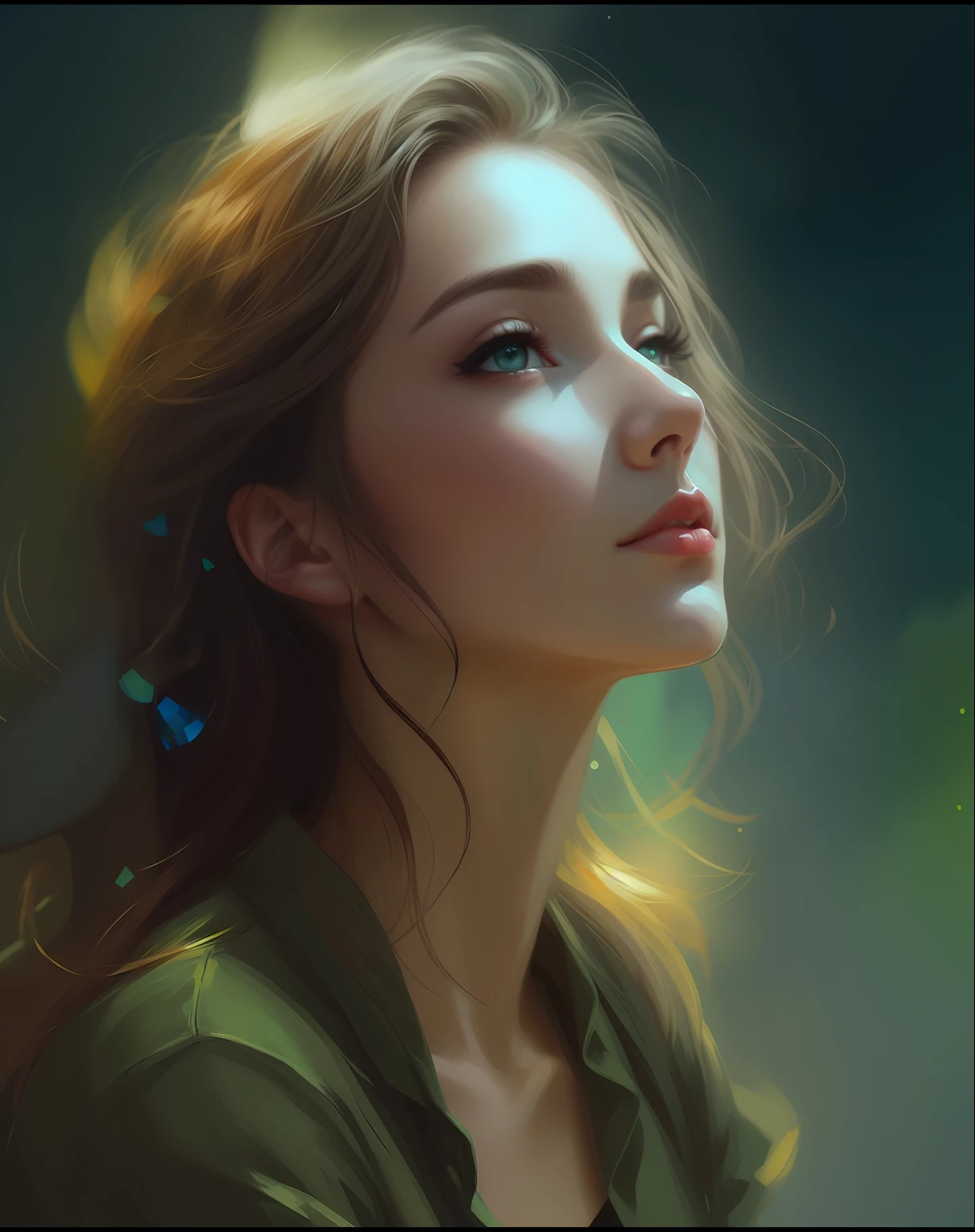 painting of a woman with a long hair and a green shirt, beautiful character painting, gorgeous digital painting, digital painting art, digital art oil painting, beautiful digital painting, stunning digital painting, digital painting style, wlop painting style, digital art painting, 4 k digital painting, realistic digital art 4 k, 4k digital painting, realistic digital art 4k