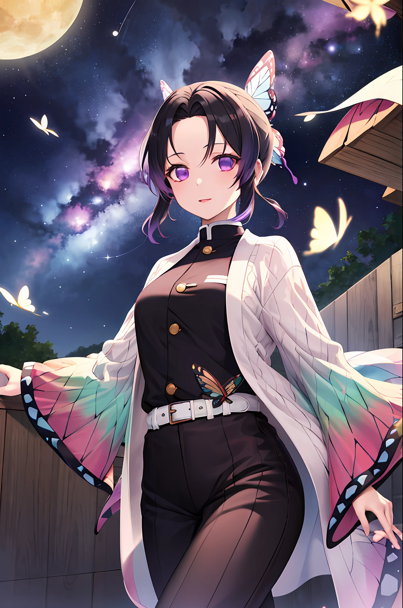 Masterpiece, Best Quality, Hi-Res, 1girl, Solo, Kocho Shinobu, Butterfly Hair Ornament, Purple Eyes, Multicolored Hair, Short Hair, Parted Bangs, Black Pants, Black Jacket, Long Sleeve, Belt, Cowboy Shot, Night with Countless Stars, Milky Way