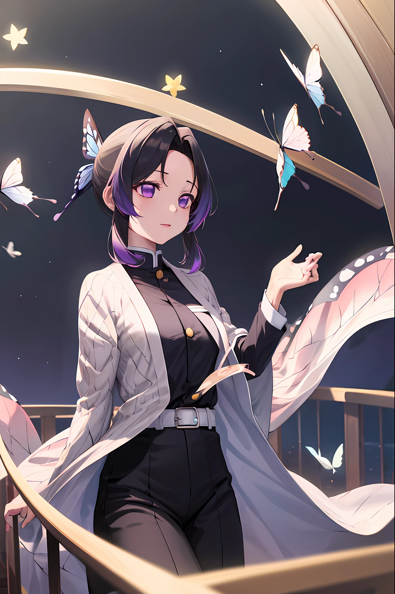 Masterpiece, Best Quality, Hi-Res, 1girl, Solo, Kocho Shinobu, Butterfly Hair Ornament, Purple Eyes, Multicolored Hair, Short Hair, Parted Bangs, Black Pants, Black Jacket, Long Sleeve, Belt, Cowboy Shot, Night with Countless Stars, Milky Way