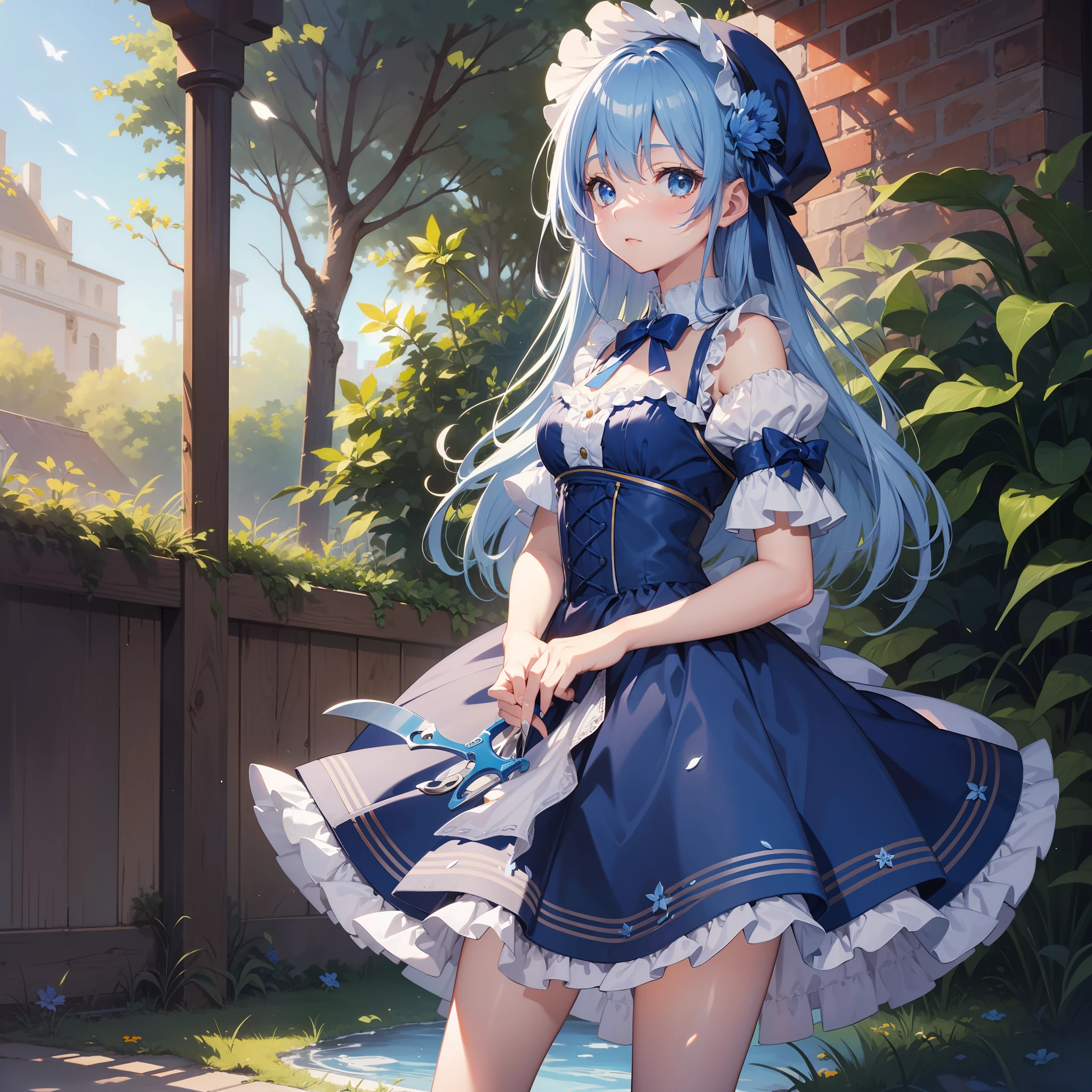 Masterpiece, Best Quality, (Very Detailed CG Unity 8k Wallpaper) (Best Quality), (Best Illustration), (Best Shade), Loli, Blue Lolita Dress, Blue Hair, Blue Bonet, Cute and Gorgeous Lolita, Blue Scissors, Cornflower Headdress, Magical Girl, Leaky Pee, Sex, Semen, Crash