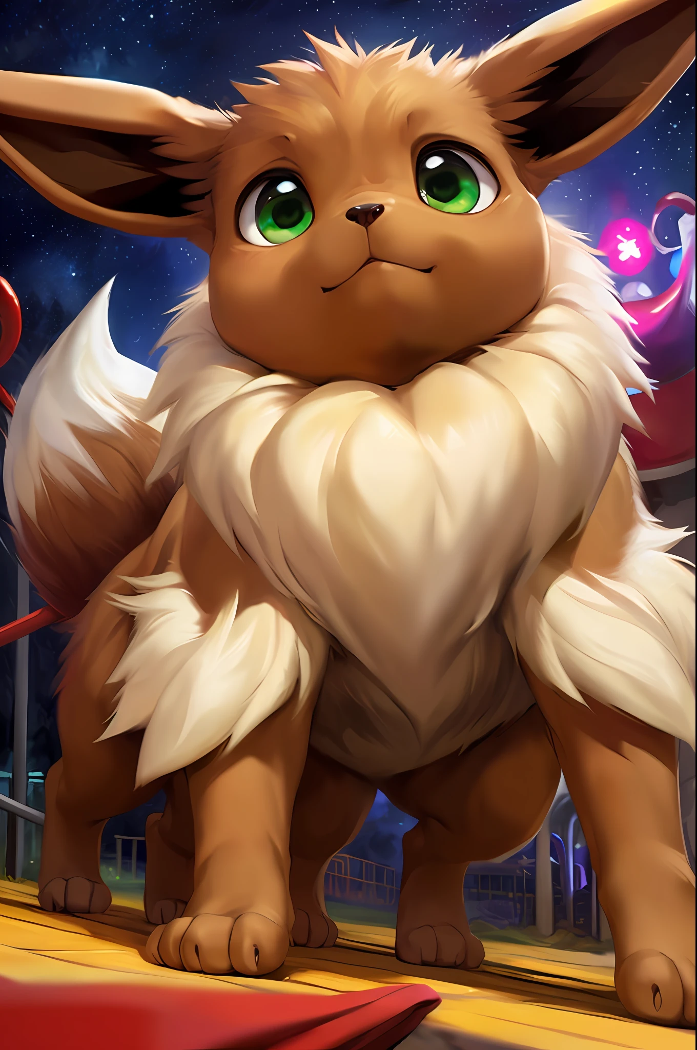 uploaded on e621, by Pino Daeni, by Ruan Jia, by Shiitakemeshi, by Alayna Lemmer, by Carlo Galli Bibiena,
solo ((brown feral Eevee)) with (((brown body))) and (((white neck tuft))) and (brown feral dipstick tail) and ((clear green eyes)),
(portrait),, (((detailed Chunie feral [Eevee]))), (detailed Chunie lighting), (detailed fur), [detailed Shiitakemeshi skin],
(cinematic lighting), [detailed ambient light], [detailed face and eyes], (all fours at playground), [starry],
((close up)), (front view), [genital focus], ((half body shadow)), backlighting, crepuscular ray, (chibi),
[gray natural lighting], [ambient light on the belly], [higher body and limbs detail],
[realistic proportions], [explict content], [sharp focus], (questionable content), (shaded), ((masterpiece))