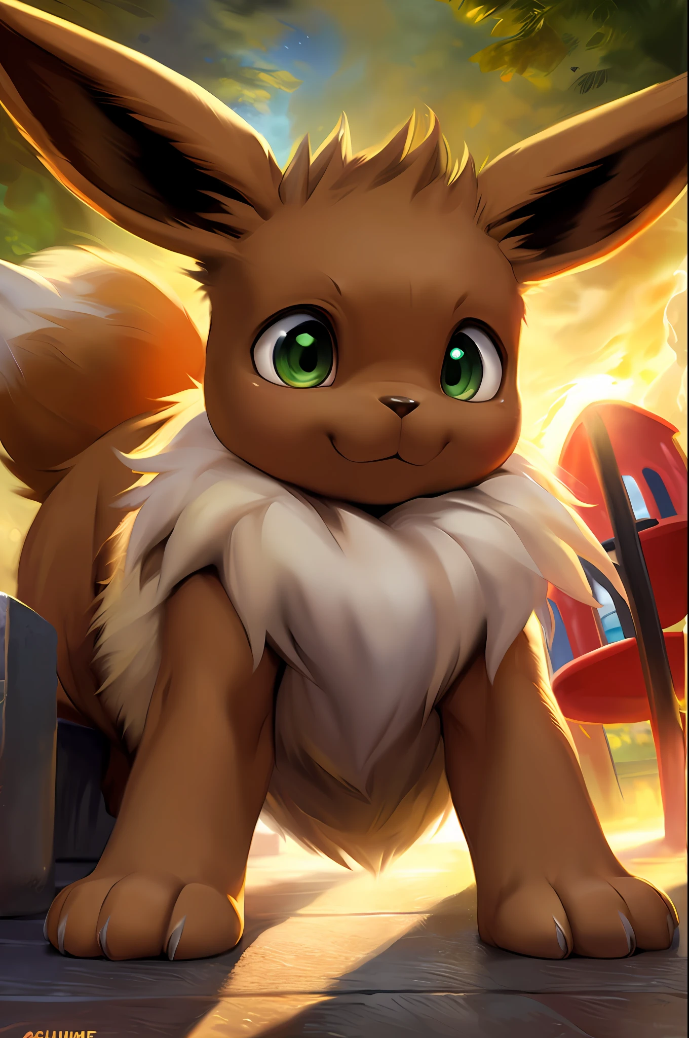 uploaded on e621, by Pino Daeni, by Ruan Jia, by Shiitakemeshi, by Alayna Lemmer, by Carlo Galli Bibiena,
solo ((brown feral Eevee)) with (((brown body))) and (((white neck tuft))) and (brown feral dipstick tail) and ((clear green eyes)),
(portrait),, (((detailed Chunie feral [Eevee]))), (detailed Chunie lighting), (detailed fur), [detailed Shiitakemeshi skin],
(cinematic lighting), [detailed ambient light], [detailed face and eyes], ( at playground), [starry],
((close up)), (front view), [ focus], ((half body shadow)), backlighting, crepuscular ray, (chibi),
[gray natural lighting], [ambient light on the belly], [higher body and limbs detail],
[realistic proportions], [explict content], [sharp focus], (), (shaded), ((masterpiece))