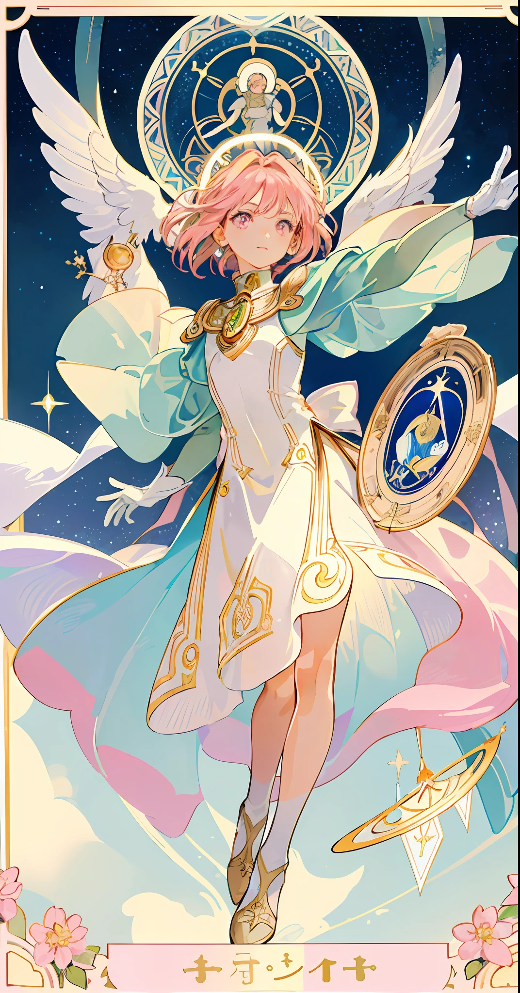 ((masterpiece,best quality)),(1girl, solo:1.4),beautiful detailed eyes, vivid, cinematic light, full_body, pink_flowers, (tarot_card), intricate, detailed background, looking_at_viewer, Cardcaptor sakura, hands reaching out, (flat chest), (walking), casual pose, posing, (white_gloves), (pink_eyes), white feathers, sparkles, glitter, celestial, outerspace, by alphonse mucha, (gold frame), halo, (tarot border)