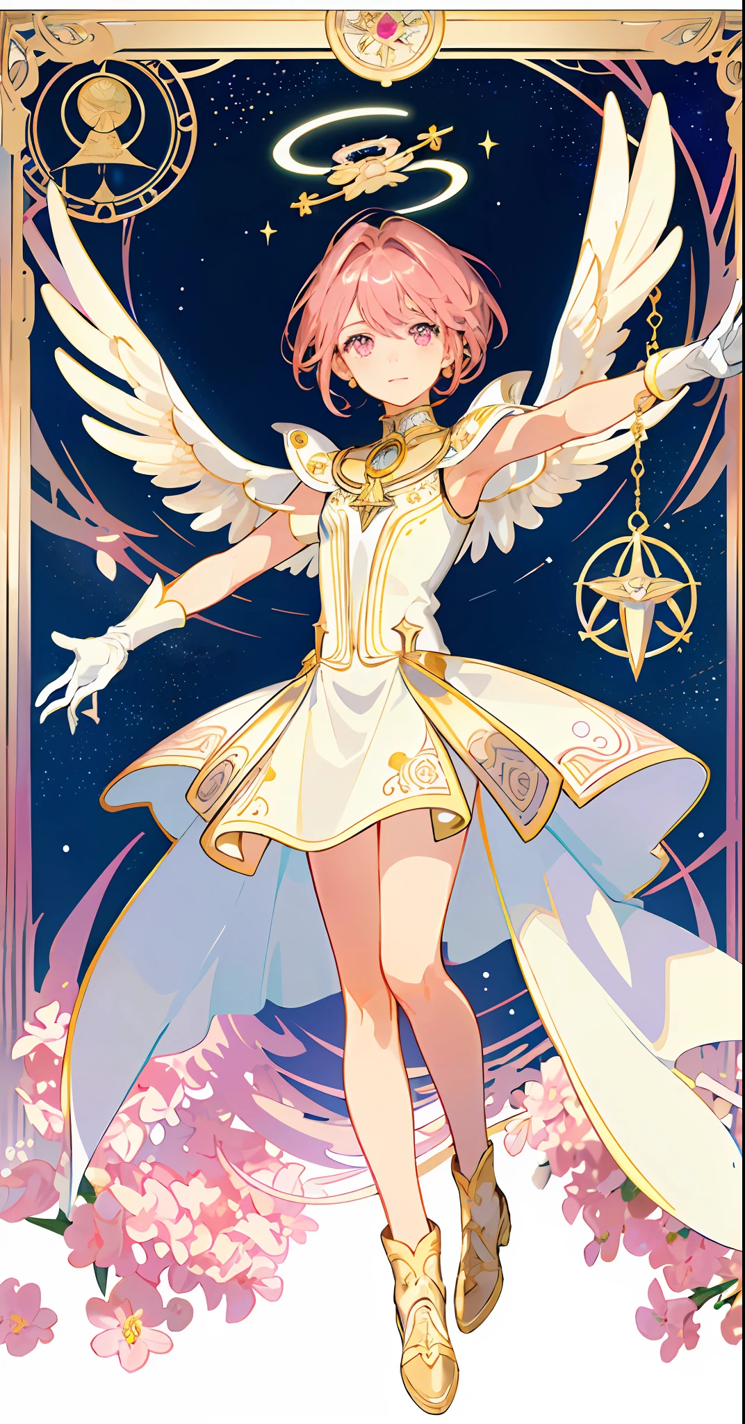 ((masterpiece,best quality)),(1girl, solo:1.4),beautiful detailed eyes, vivid, cinematic light, full_body, pink_flowers, (tarot_card), intricate, detailed background, looking_at_viewer, Cardcaptor sakura, hands reaching out, (flat chest), (walking), casual pose, posing, (white_gloves), (pink_eyes), white feathers, sparkles, glitter, celestial, outerspace, by alphonse mucha, (gold frame), halo, (tarot border)