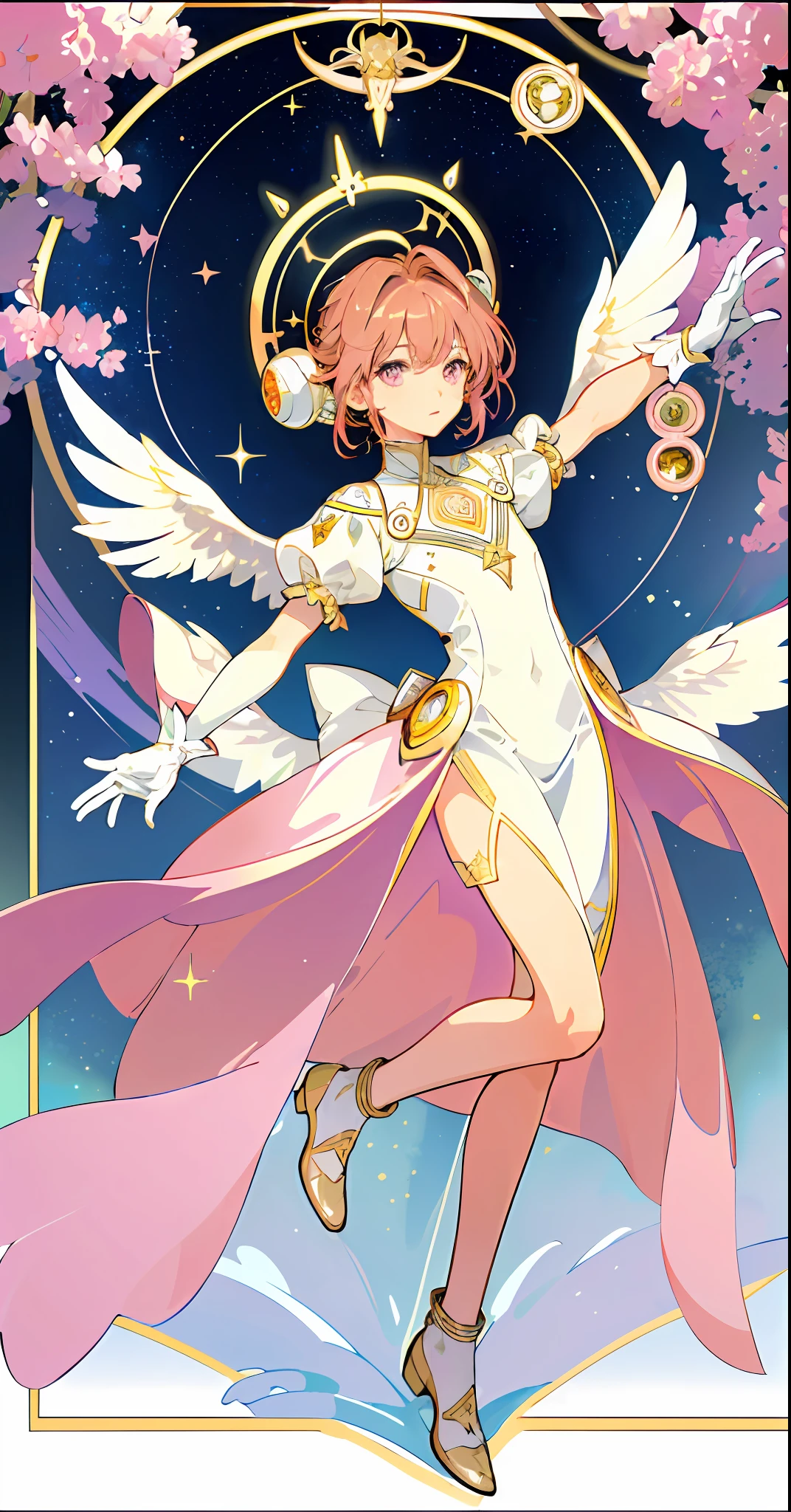 ((masterpiece,best quality)),(1girl, solo:1.4),beautiful detailed eyes, vivid, cinematic light, full_body, pink_flowers, (tarot_card), intricate, detailed background, looking_at_viewer, Cardcaptor sakura, hands reaching out, (flat chest), (walking), casual pose, posing, (white_gloves), (pink_eyes), white feathers, sparkles, glitter, celestial, outerspace, by alphonse mucha, (gold frame), halo, (tarot border)