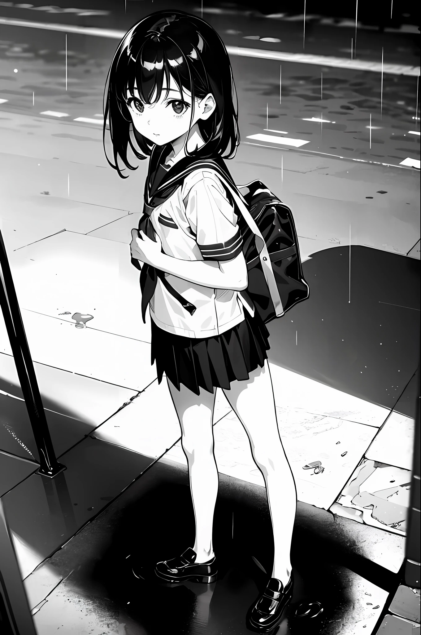Top quality, masterpiece, super realistic, high resolution, highly detailed, 8k, one girl, cute, anime, crystal clear white skin, asian girl, full body, middle school student, 14 years old, child, hair color is pink, summer uniform heading to school with student bag, horizontal angle, mini skirt, low angle, panchira, high contrast, one bag, hand held bag, rain, dead eyes