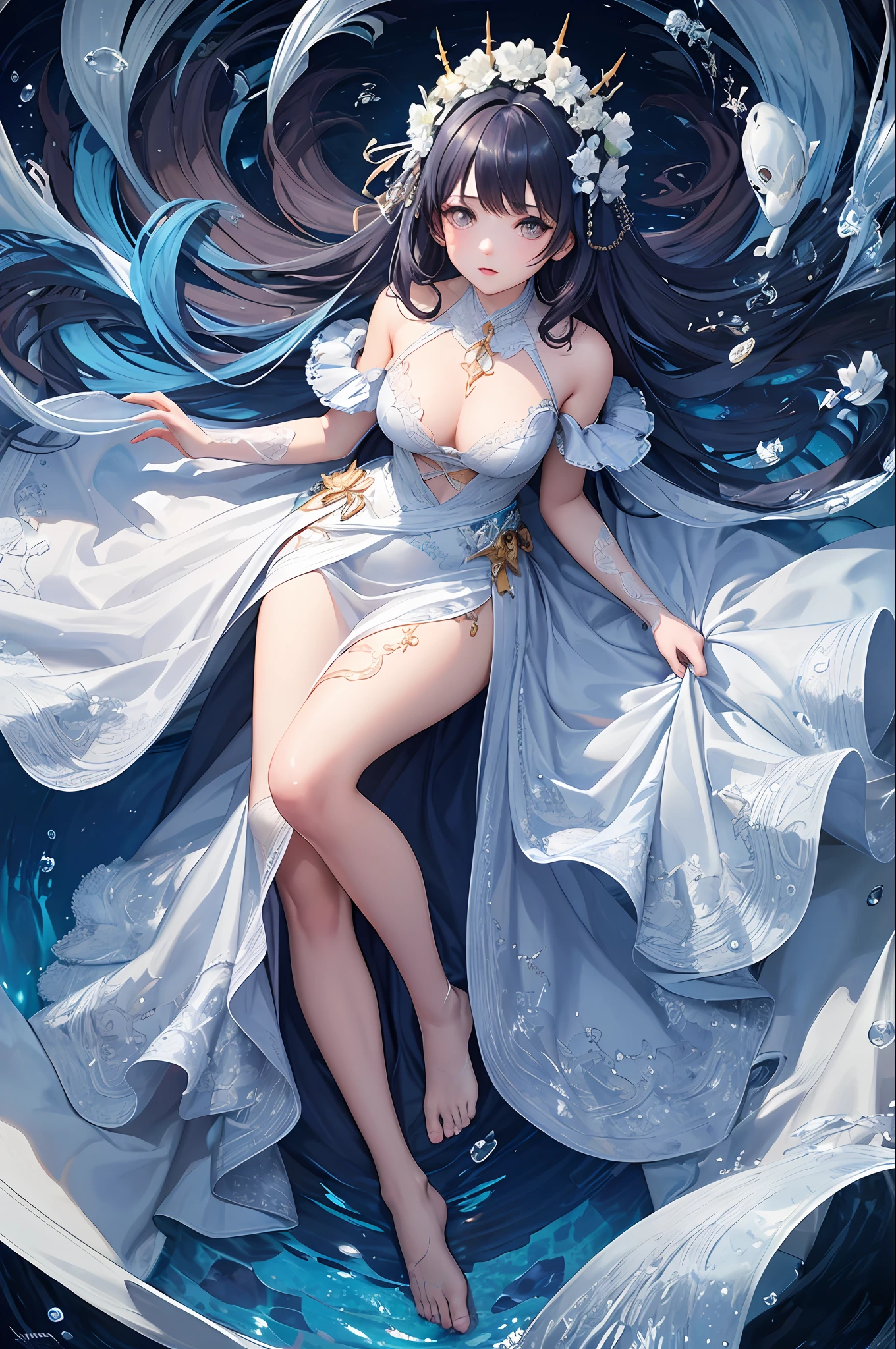 (Masterpiece, Top Quality, Best Quality, Official Art, Beauty and Aesthetics: 1.2), (1girl: 1.3), Extremely Detailed, Colorful, Most Detailed ((Ultra Detailed)), (Highly Detailed CG Illustration), (Very Delicate and Beautiful), Dark Blue Hair, White Fancy Dress, Underwater, Barefoot, Extremely Long Hair, Medium Breasts,floating hair