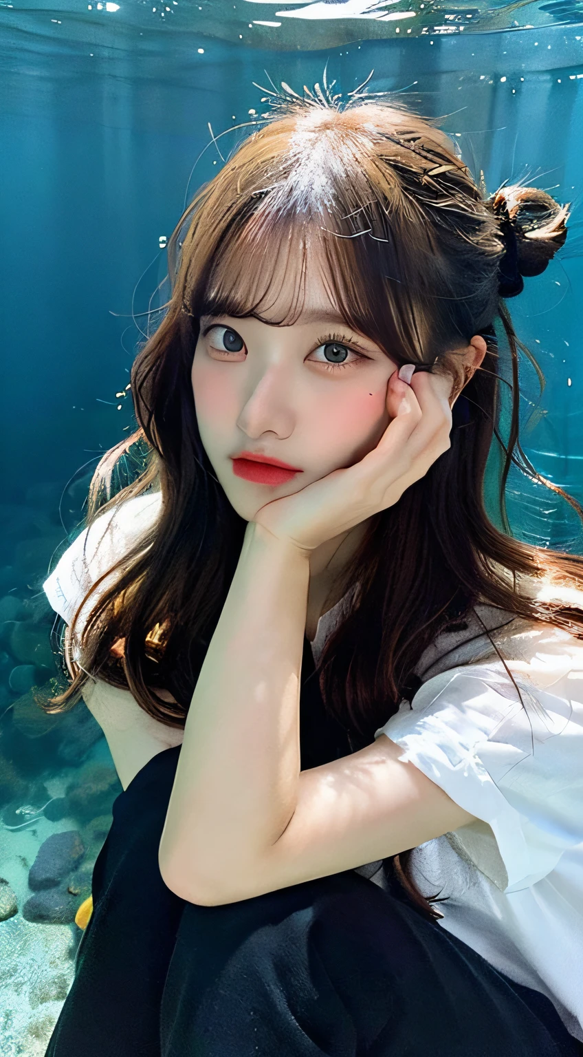 best quality, masterpiece, masterpiece,best quality,official art,extremely detailed CG unity 8k wallpaper, day, realistic, photo, girl, long hair, black hair, curly_hair, hair bun, light blush, black kneehighs, underwater, intense shadows,