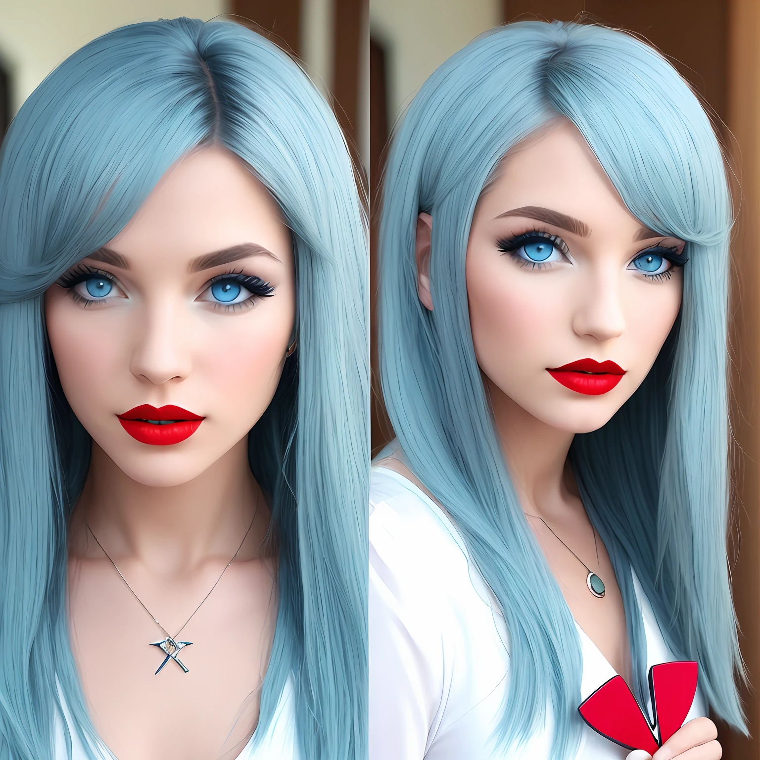 Powder blue eyes, long white dress, powder blue hair, red lips, and a trident on the forehead