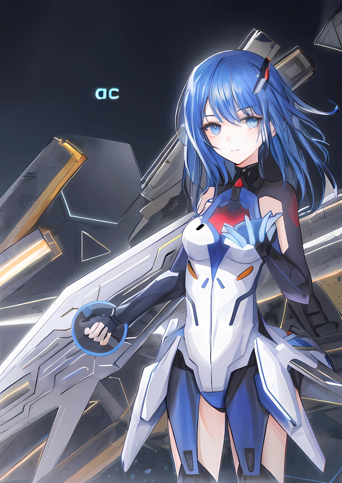 Anime girl with long blue hair and white body in front of large machine, mecha aesthetics, best anime 4k konachan wallpaper, cool mecha style, anime mecha aesthetics, cyberpunk anime girl mecha, lyca cross, anime manga robot!! Anime Girl, Fira White Mech, Pose, Night Core, Anime Style 4 K