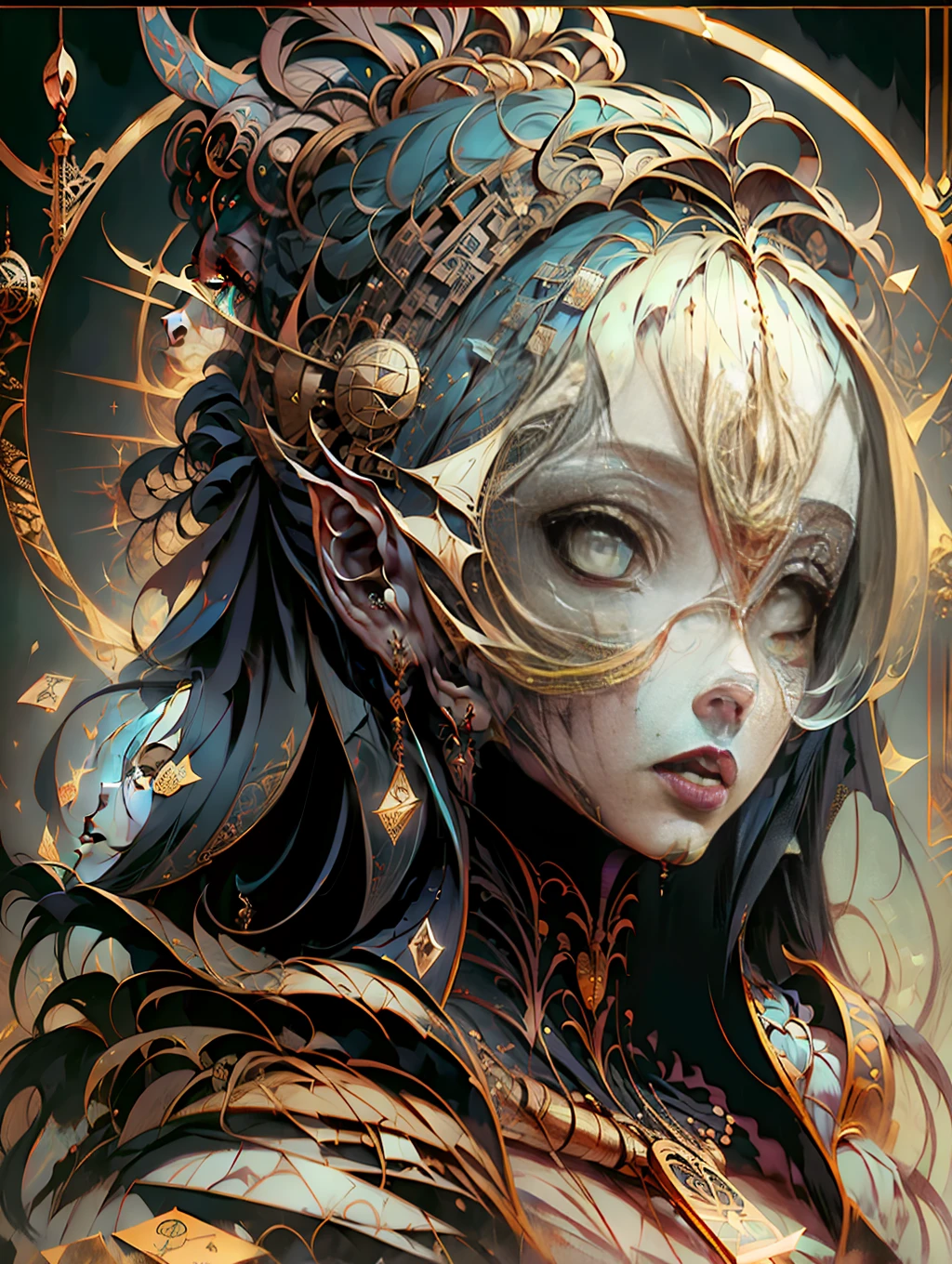 oil painting portrait of a renaissance noble lady by Gentile Bellini, Sandro Botticelli, Caravaggio, Raphael, highly detailed eyes, intricate and vibrant line work + Tarot Card + Trending on Artstation + Incredible gothic illustration + Exquisite detail