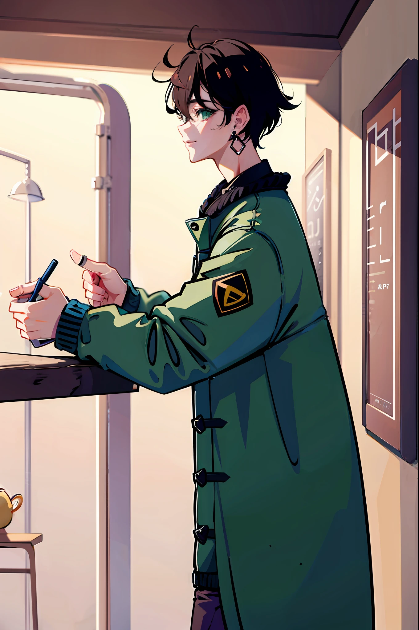 Capa de livro, manga, cupcake, 1 boy, short brown hair, green eyes, wears earring, dark green forest coat, hands in pocket, close, solo, neutral look.