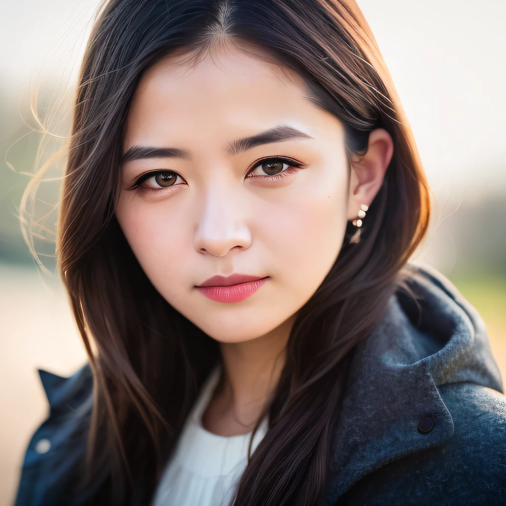 Looking at the audience, light makeup, realism, realistic photos, professional color correction, 8K, F2.4 aperture, 35mm lens, realistic real face, only the face area is included.