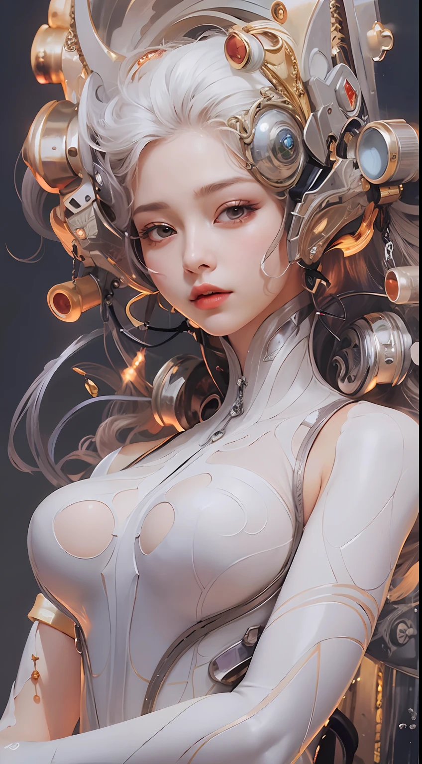 Boris Vallejo style, short hair ?????? girl, holding a pistol, sweaty all over, textured skin with shiny, fusion of hyper-realistic painting, delicate brush strokes, pure white background, photorealistic (8k, RAW photo, photorealistic:1.25), (lipgloss, eyelashes, gloss-face, glossy skin, best quality, ultra highres, depth of field, chromatic aberration, caustics, Broad lighting, natural shading, Kpop idol) Watch the audience with serenity and goddess-like happiness,