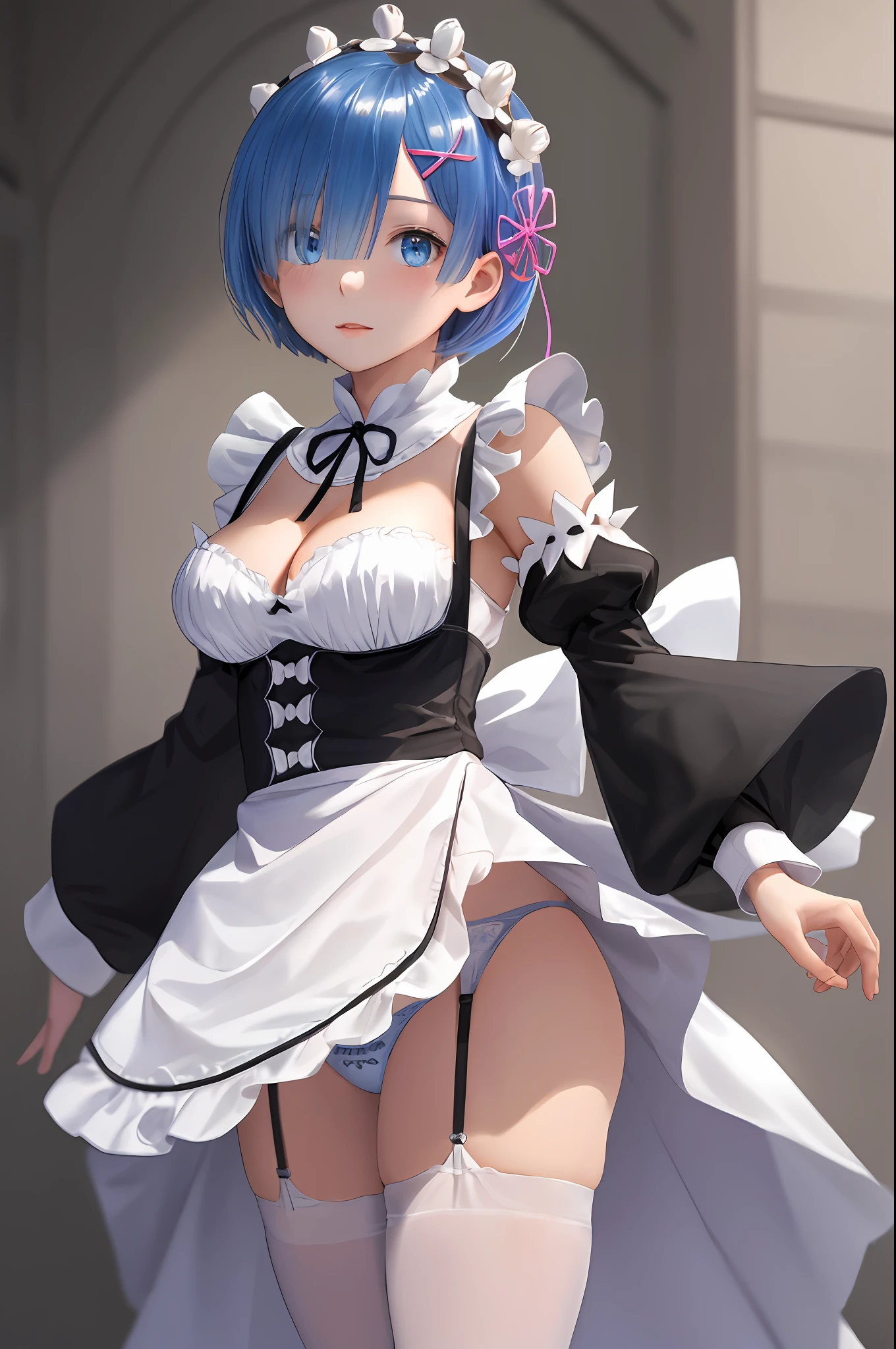 High, sharp focus, Pixiv masterpiece, ((intricate details)), very detailed, upper body, 1girl, rem_re_zero, blue hair, short hair, maid uniform, hair ornament, neckline, maid's headdress, separate sleeves, ribbon, full body, raised dress, exposed panties, white panties.