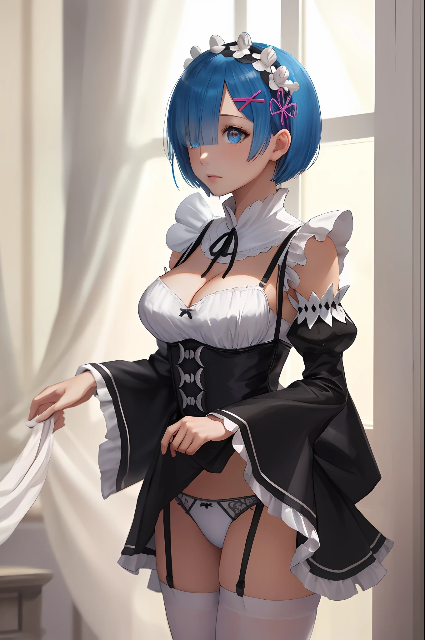 High, sharp focus, Pixiv masterpiece, ((intricate details)), very detailed, upper body, 1girl, rem_re_zero, blue hair, short hair, maid uniform, hair ornament, neckline, maid's headdress, separate sleeves, ribbon, full body, raised dress, exposed panties, white panties.