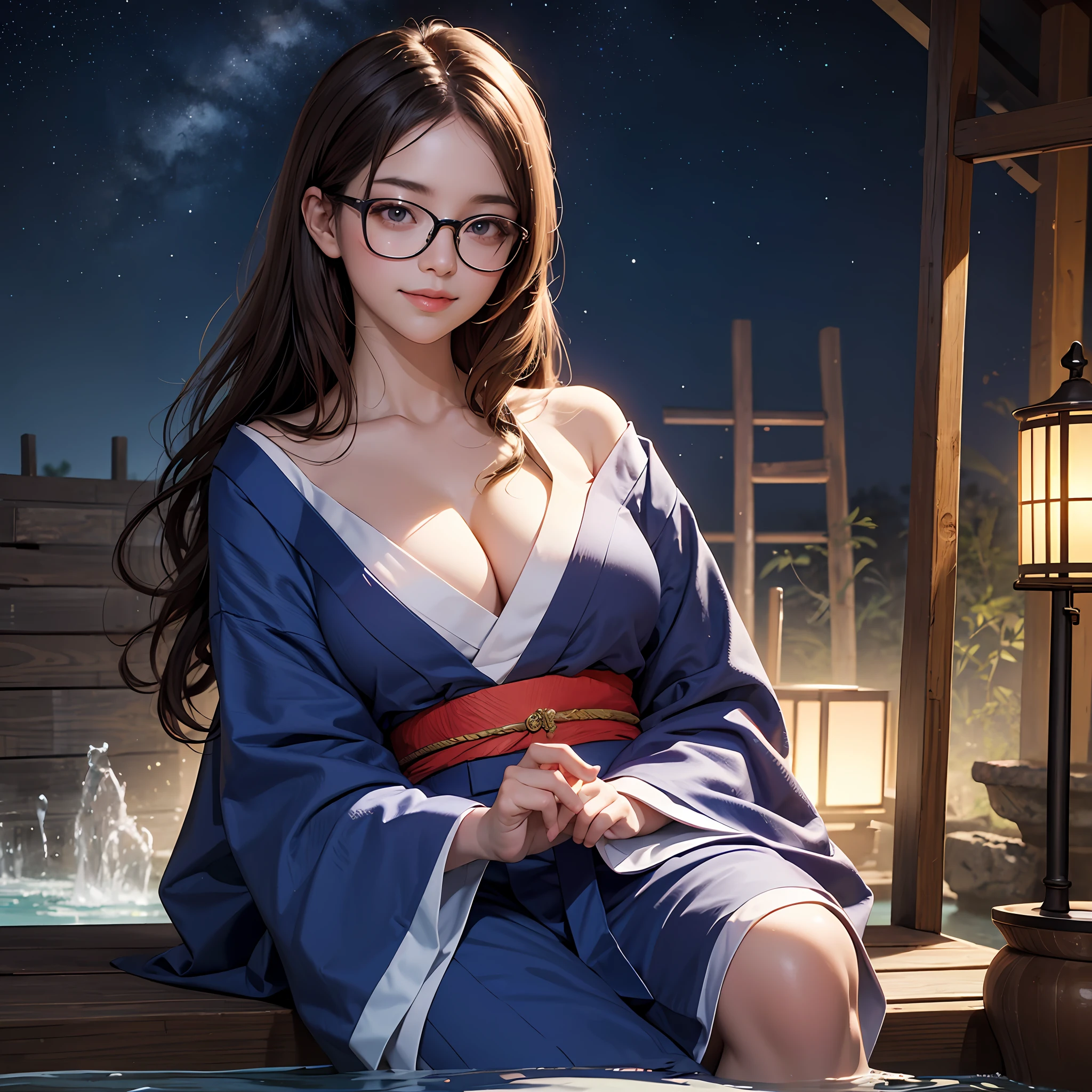 riofutaba, highres, Top quality, Illustration, Ultra detail, (detailed face), (detailed eyes), Soft lighting, Top quality, Ultra detail, Masterpiece, 1girl, Solo, Costumes 4, Ash brown hair, Long hair, Brown eyes, Glasses, Japanese clothes, Blue kimono, Yukata, Wide sleeves, Floral, Bright eyes, Big breasts, (Colorful), Smile, Tanabata, Bamboo, Strips, Outdoors, Seated, Night, Starry sky, Night sky, water --auto