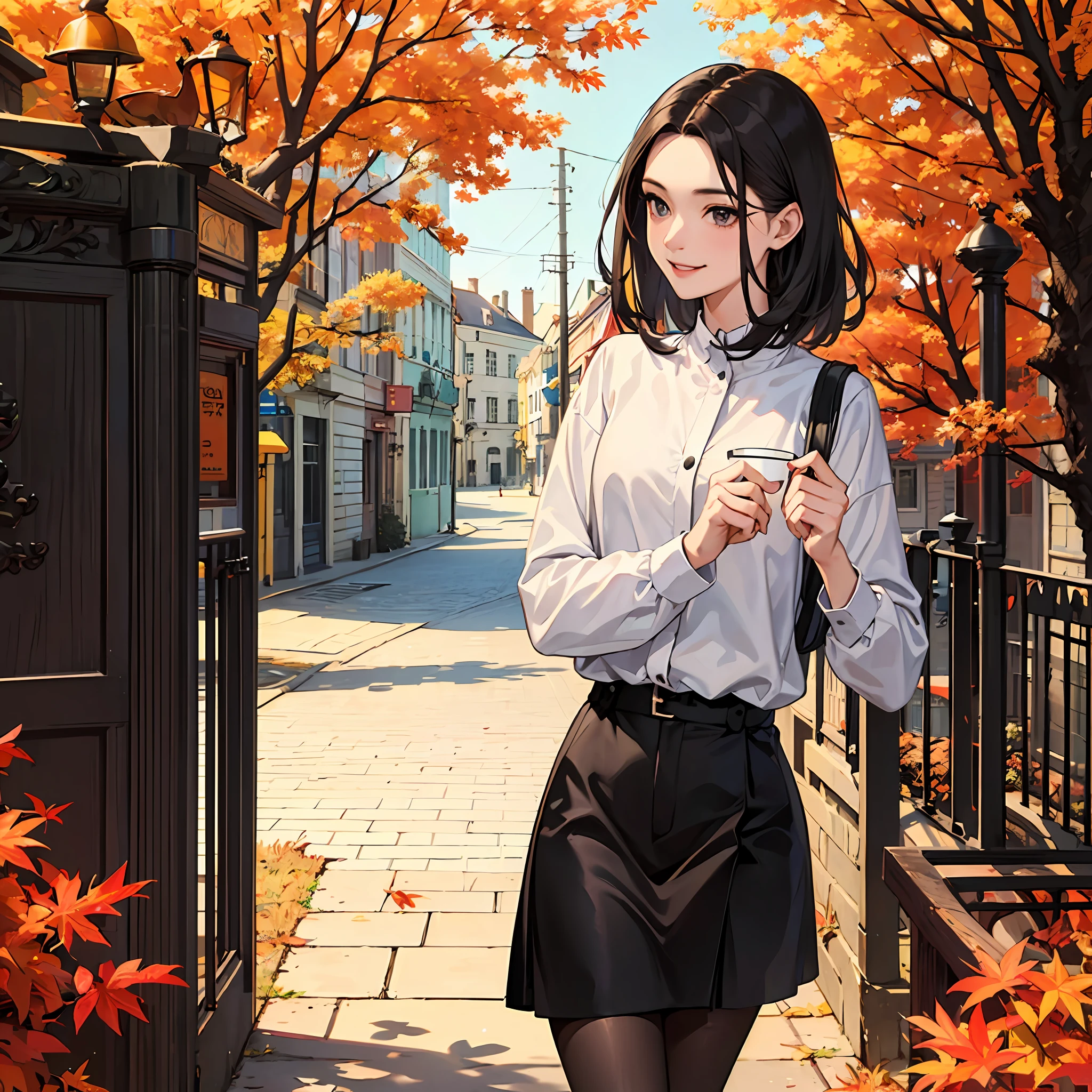 (afternoon ),autumn, 1girl, shot, smile, black hair ,skir --auto