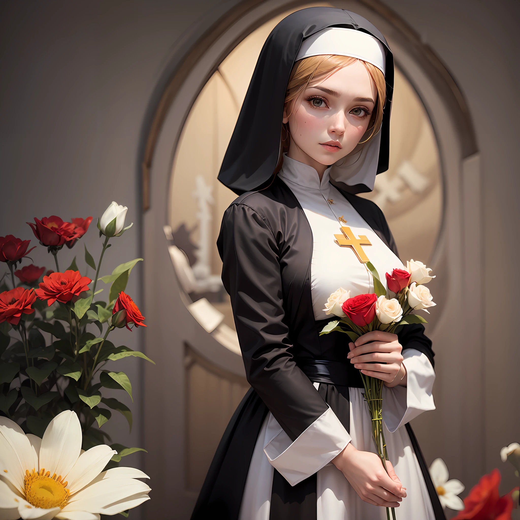 Woman,white colored skin,with a cross in hand,red colored flowers in hand,nun's clothes