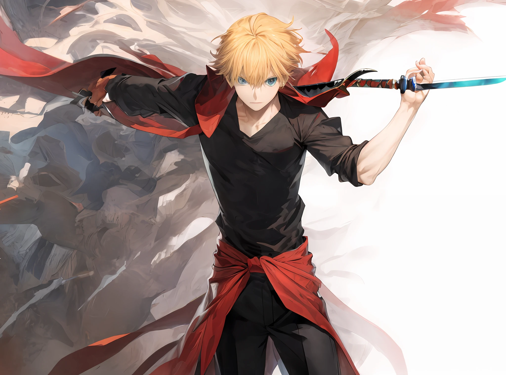 Blonde hair, turquoise eyes, a crimson smoking knife in one hand, a rapier in the other, black clothing, tied with a red cloak around the waist, Ichigo Kurosaki's painting style, Shinigami, realism, brushstrokes