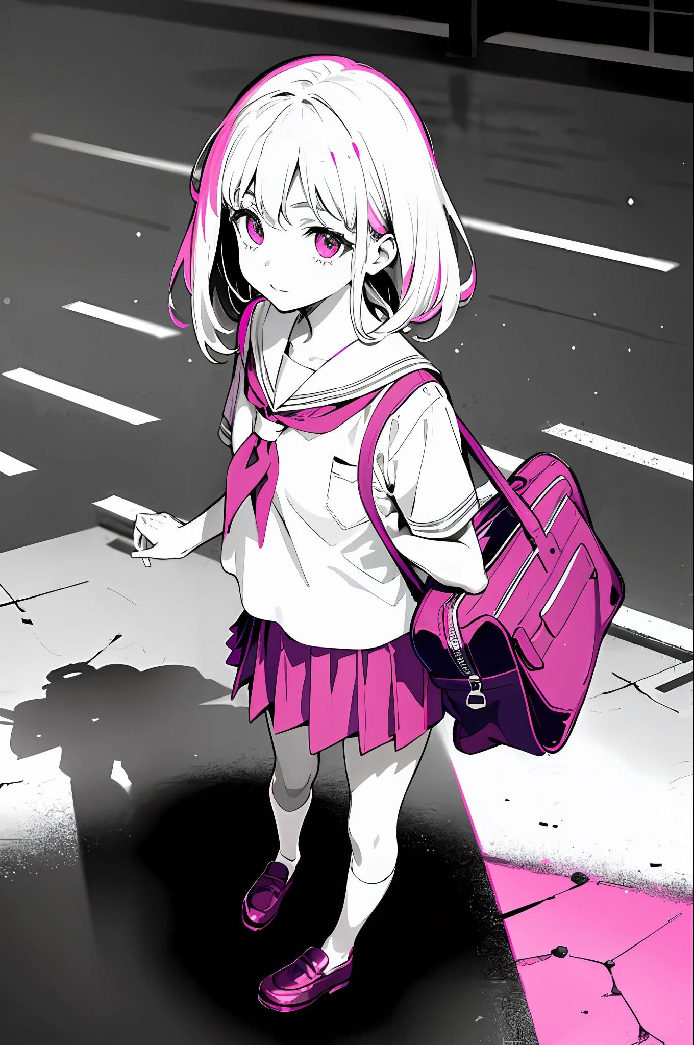 Top Quality, Masterpiece, Ultra Realistic, High Definition, Very Detailed, 8k, One Girl, Cute, Anime, Crystal Clear White Skin, Asian Girl, Full Body, Middle School, 14 Years Old, Children, Hair Color Is Pink, Heading to School with Student Bag in Summer Uniform, Horizontal Angle, Mini Skirt, Low Angle, Panty Shot, High Contrast, One Bag, Hand Held Bag, Drenched in the Rain All Body, Dead Eyes