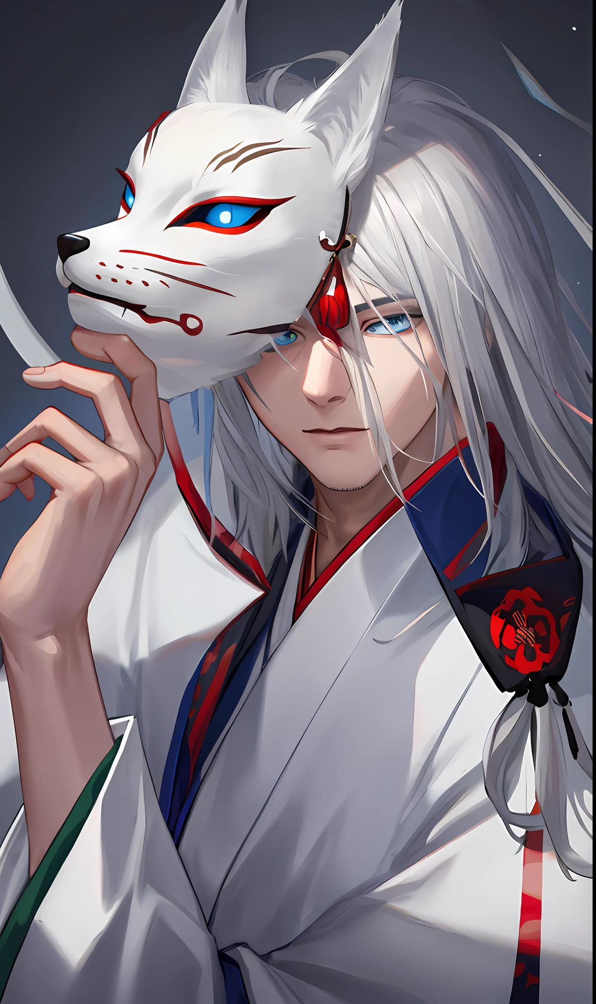 Close up portrait of man in cat mask, fox mask, vampire white fox, silver-haired fox, fox mask, fox mask on head, fox mask, Amaterasu, white fox, silver-haired god, cat, wearing black kimono, realistic, 8k, blue-eyed man, dark background, fortune teller