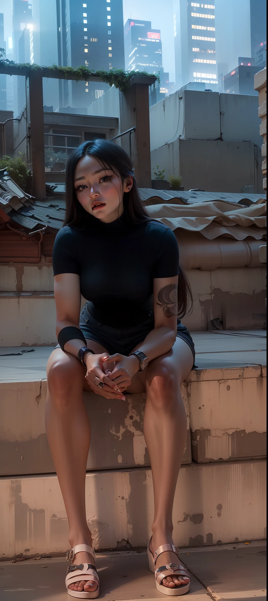 ((Midnight, Best Quality, 8k, Masterpiece :1.3)), Full Body, Long Legs, Sharp Focus :1.2, A Beautiful Woman with Perfect Figure, ((Night City View, Rooftop: 1.3)), Highly Detailed Face and Skin Texture, Detailed Eyes, Double Eyelid