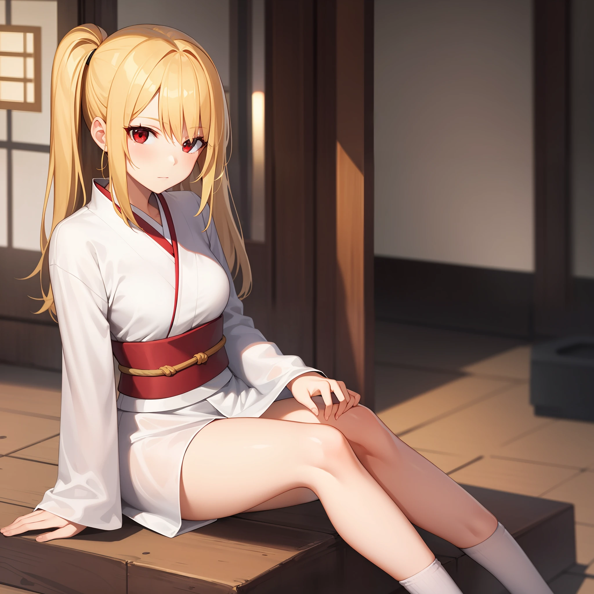 blonde, red eyes, girl, alone, solo, 1girl, white kimono, sitting