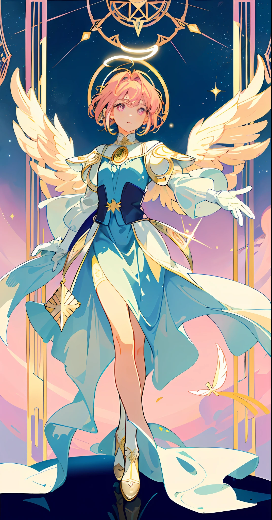 ((masterpiece,best quality)),(1girl, solo:1.4),beautiful detailed eyes, vivid, cinematic light, full_body, pink_flowers, (tarot_card), intricate, detailed background, looking_at_viewer, Cardcaptor sakura, hands reaching out, (flat chest), (walking), casual pose, posing, (white_gloves), (pink_eyes), white feathers, sparkles, glitter, celestial, outerspace, by alphonse mucha, (gold frame), halo, (tarot border)
