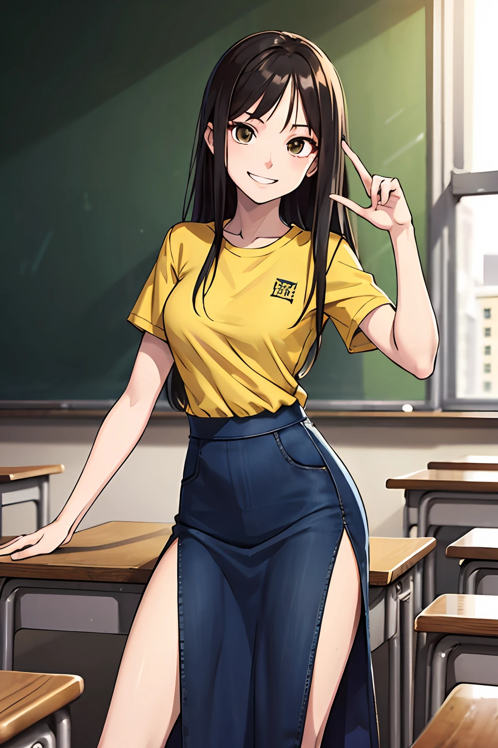 masterpiece, top quality, high resolution, evil smile, wicked smile, long hair, yellow shirt, denim skirt, long skirt, side slit, classroom