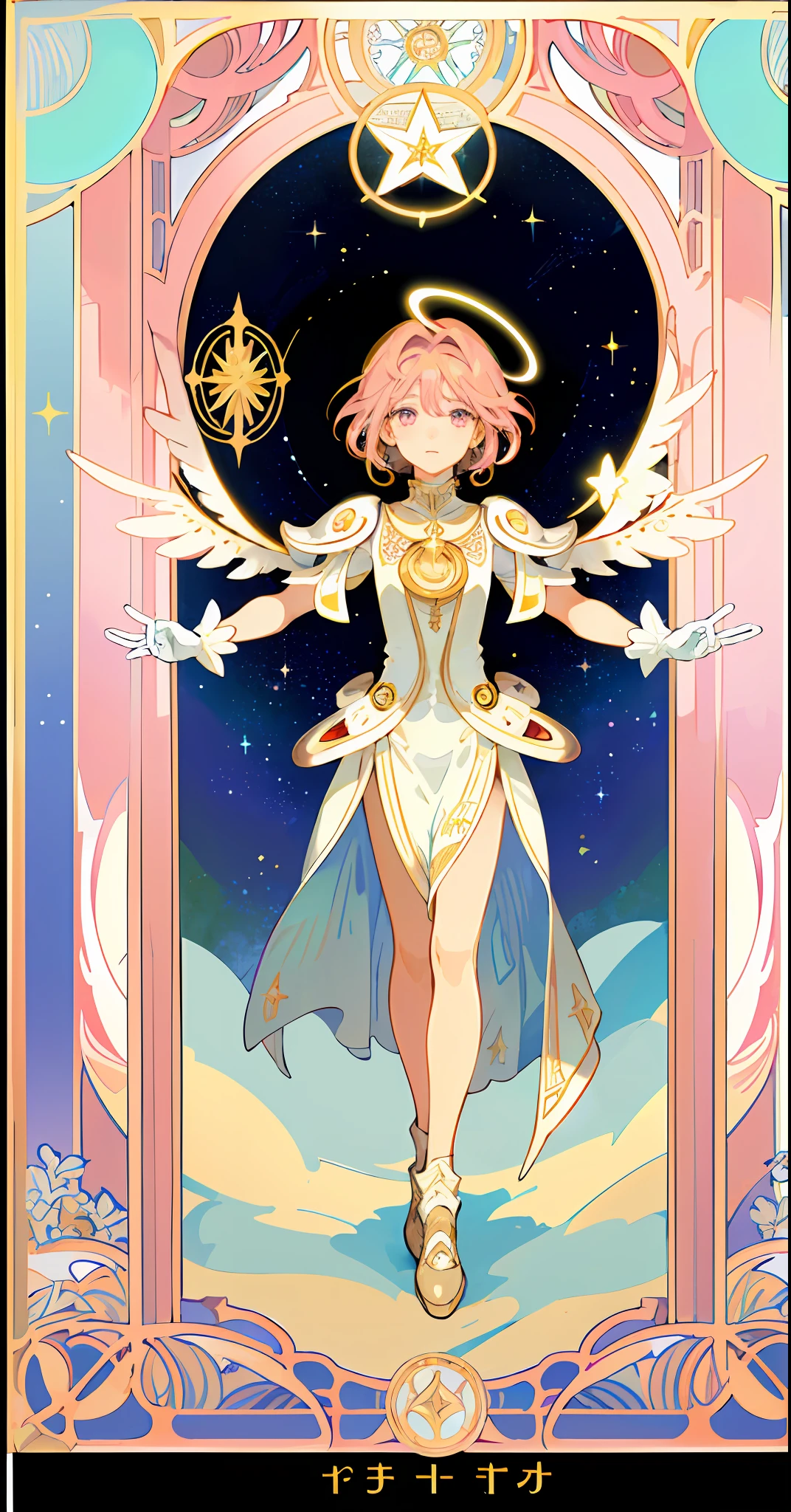 ((masterpiece,best quality)),(1girl, solo:1.4),beautiful detailed eyes, vivid, cinematic light, full_body, pink_flowers, (tarot_card), intricate, detailed background, looking_at_viewer, Cardcaptor sakura, hands reaching out, (flat chest), (walking), casual pose, posing, (white_gloves), (pink_eyes), white feathers, sparkles, glitter, celestial, outerspace, by alphonse mucha, (gold frame), halo, (tarot border)