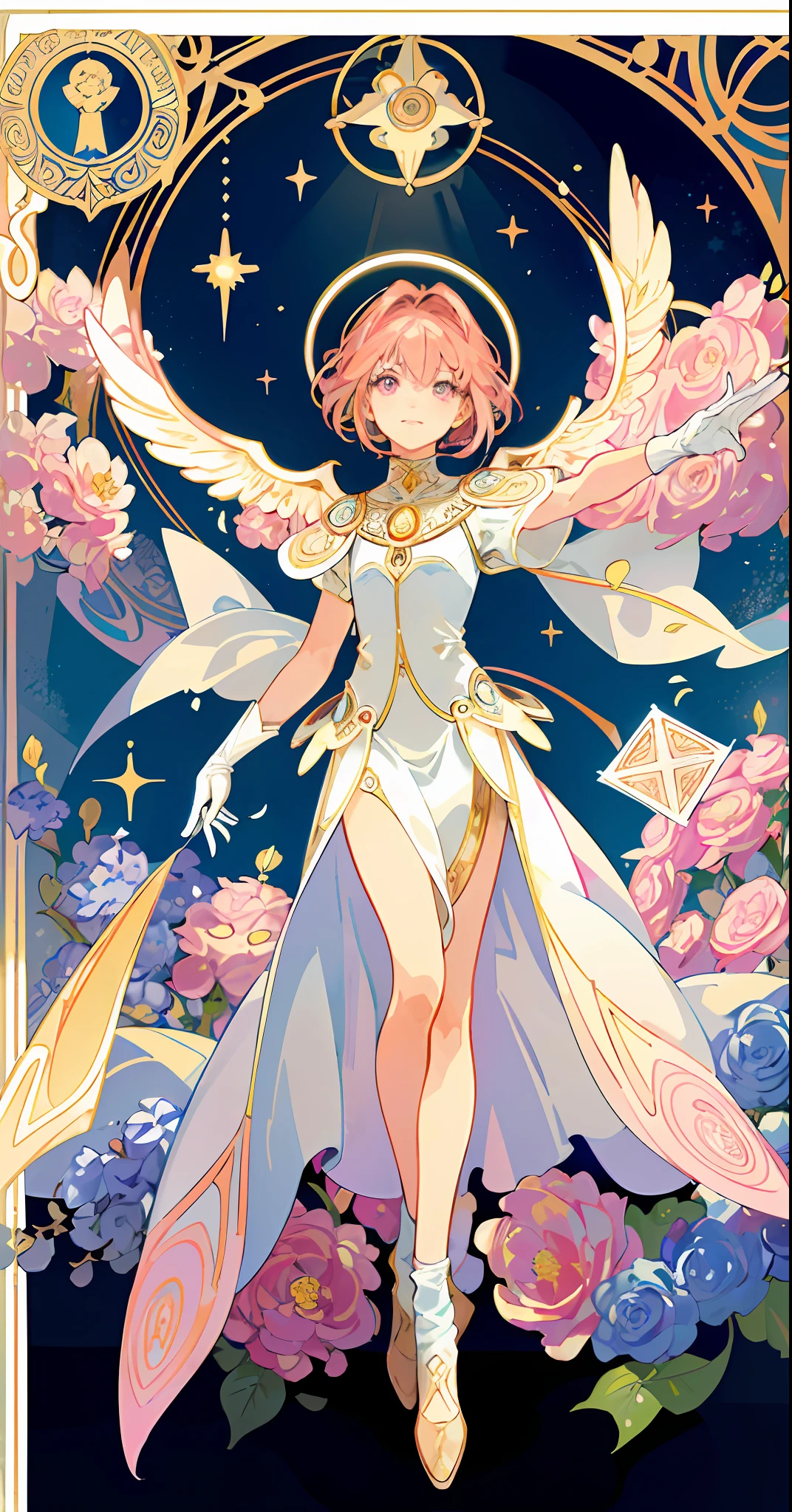 ((masterpiece,best quality)),(1girl, solo:1.4),beautiful detailed eyes, vivid, cinematic light, full_body, pink_flowers, (tarot_card), intricate, detailed background, looking_at_viewer, Cardcaptor sakura, hands reaching out, (flat chest), (walking), casual pose, posing, (white_gloves), (pink_eyes), white feathers, sparkles, glitter, celestial, outerspace, by alphonse mucha, (gold frame), halo, (tarot border)
