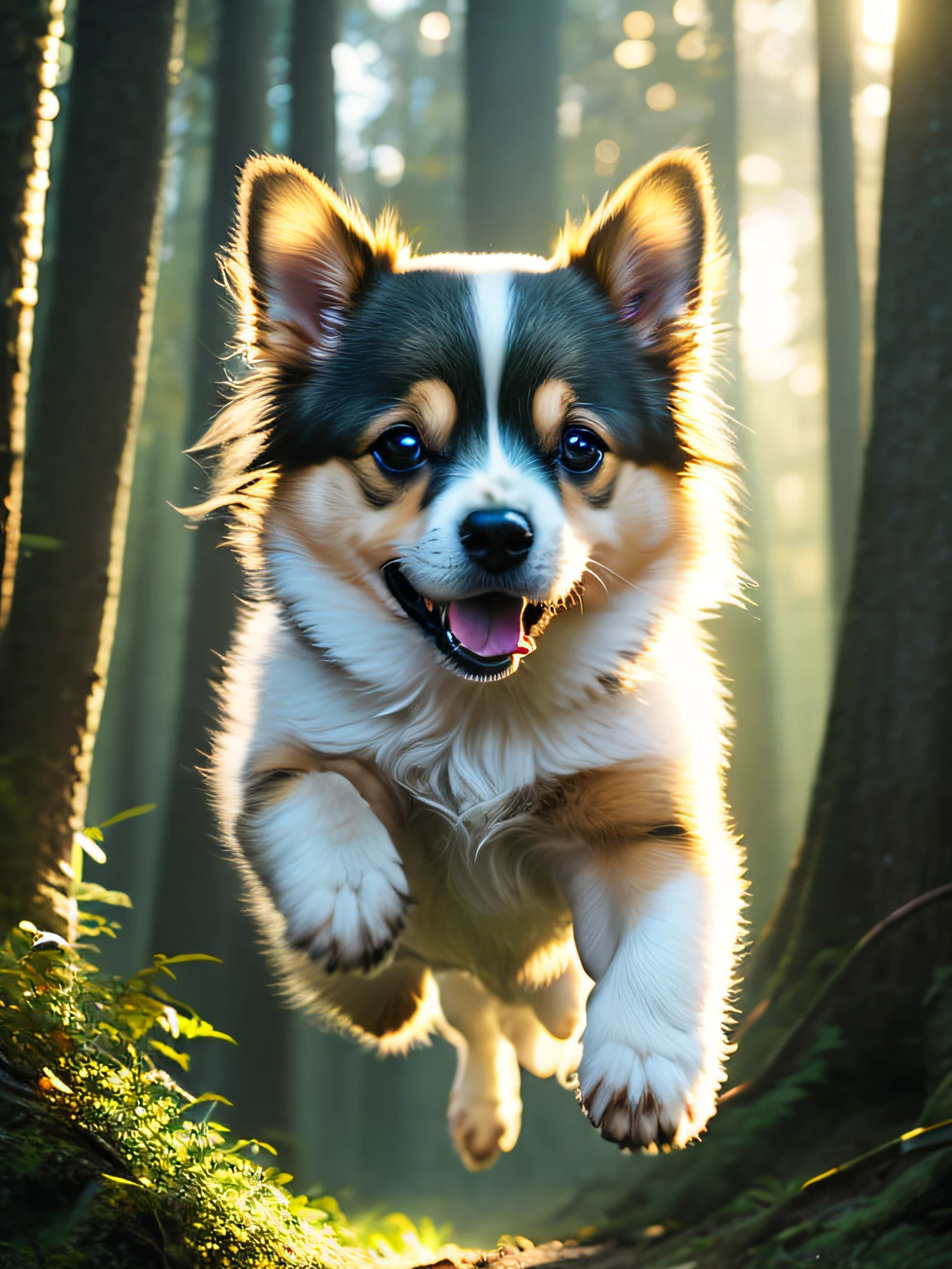 Close-up of a very cute jumping puppy in the forest, soft volumetric light, (backlight: 1.3), (movie: 1.2), intricate details, (ArtStation: 1.3), Rutkowski
