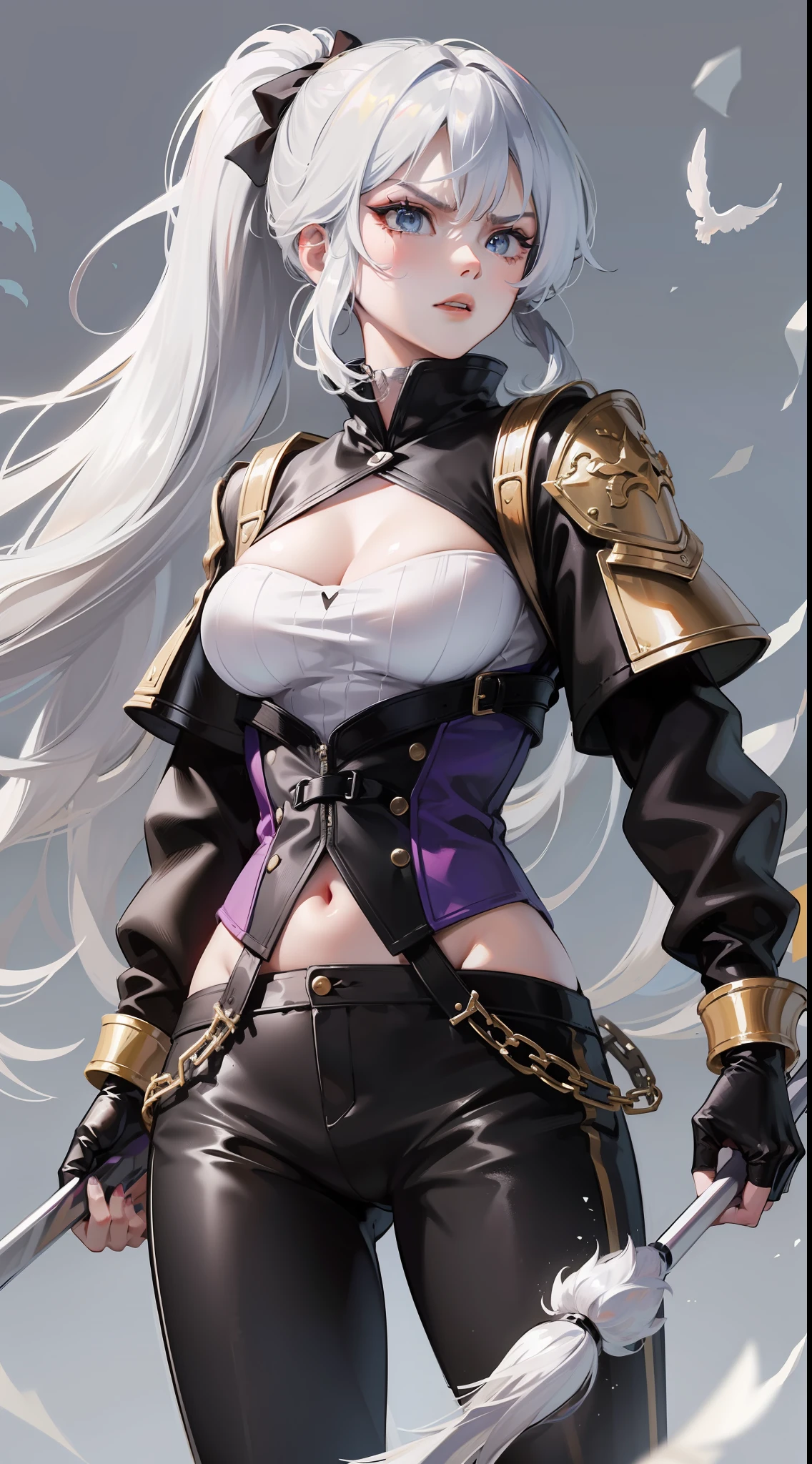 Adult girl, long white hair, high ponytail, blue eyes, angry, dove general's clothes, black trousers, spear, masterpiece, high quality