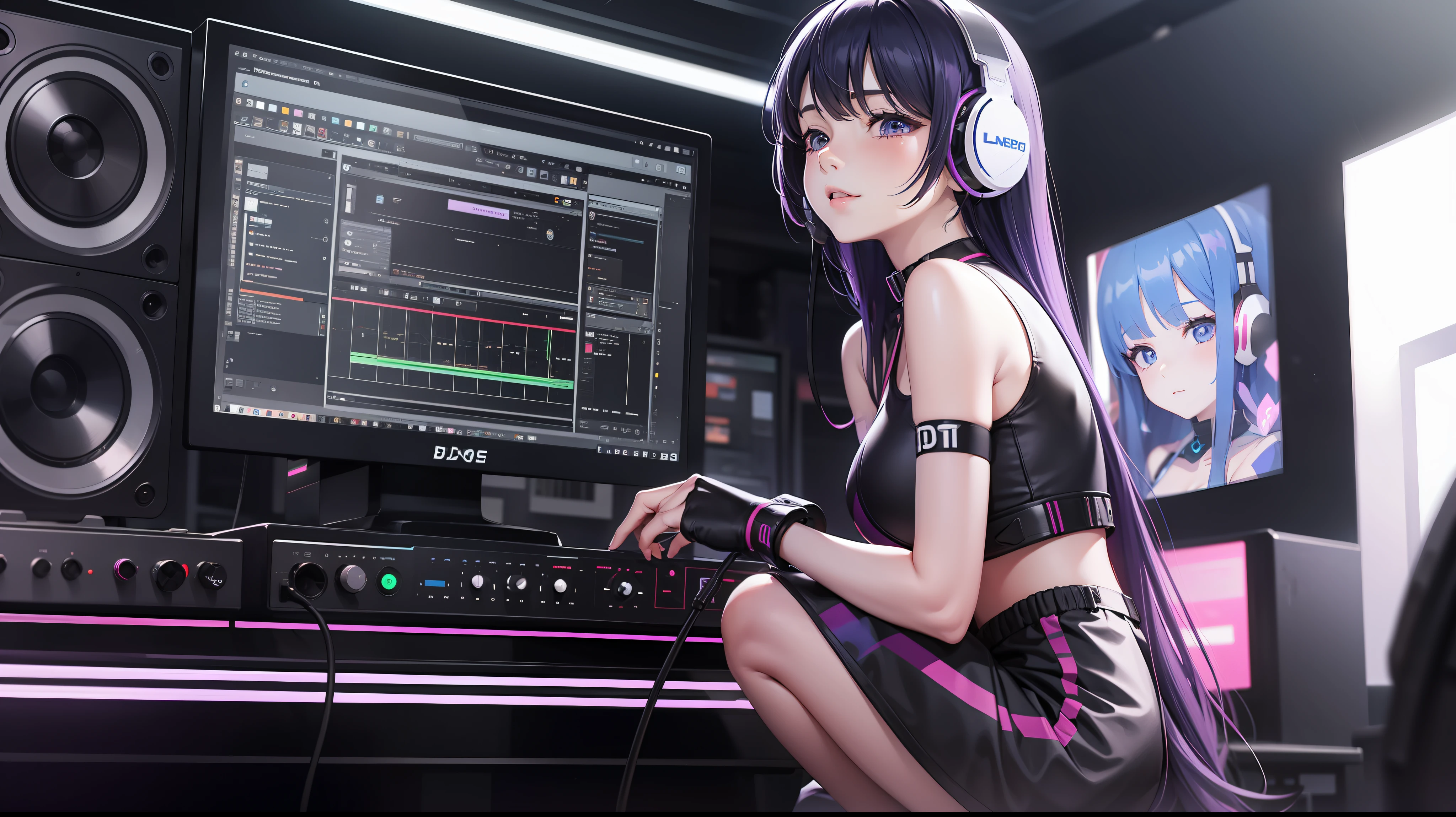 Woman with peace sense headset, closed eyes, beautiful face, RGB colors, bright purple hair, anime, bright background, banner for youtube video, happy girl, clouds with RGB colors, bright RGB colors.